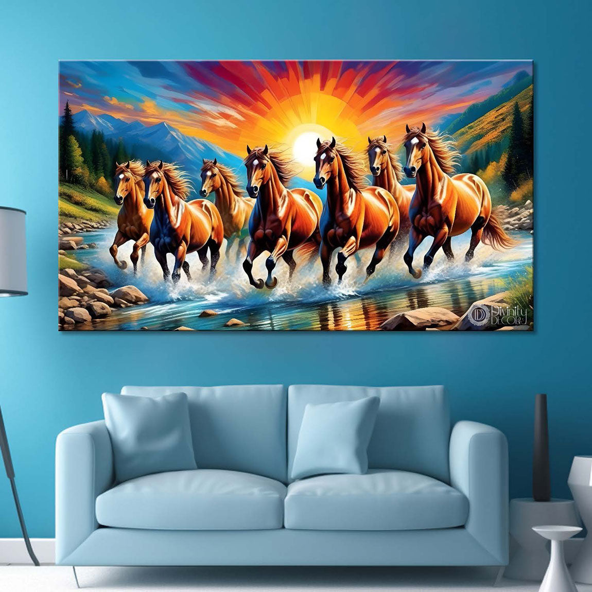 Seven brown horses running with sunrise textured background art Canvas Painting - Design - Horse-1