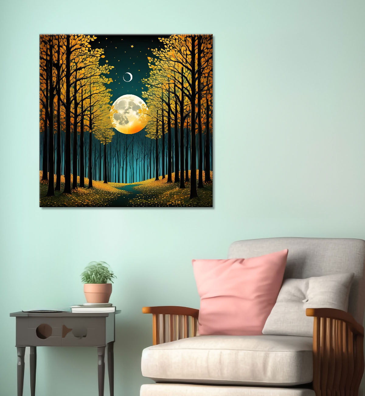 Golden tree with moon in dark green background natural art Canvas Painting 24X24 - Nature Art -S-1