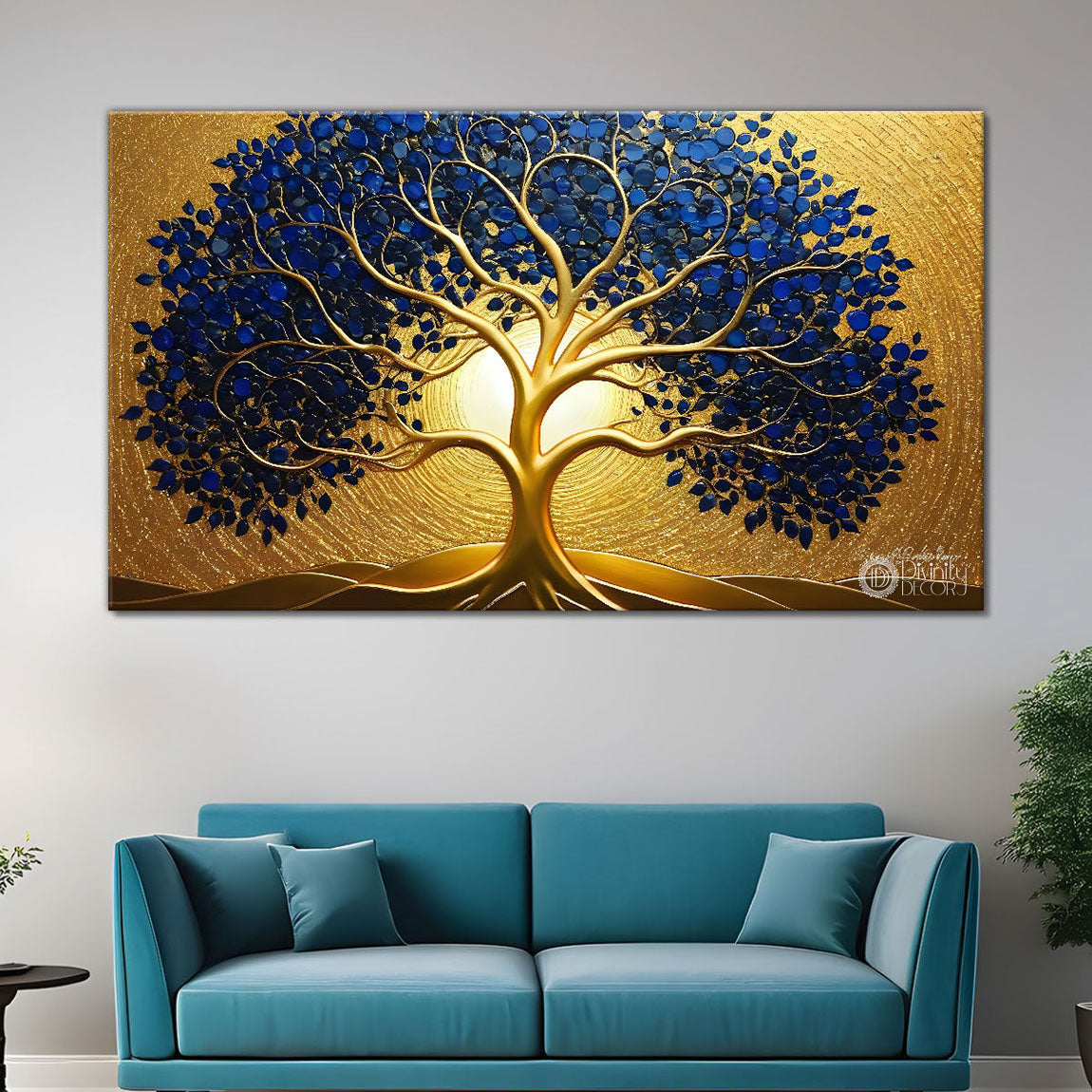 Dark blue leaf tree with golden background textured modern art Canvas Painting - Design - Tree-1