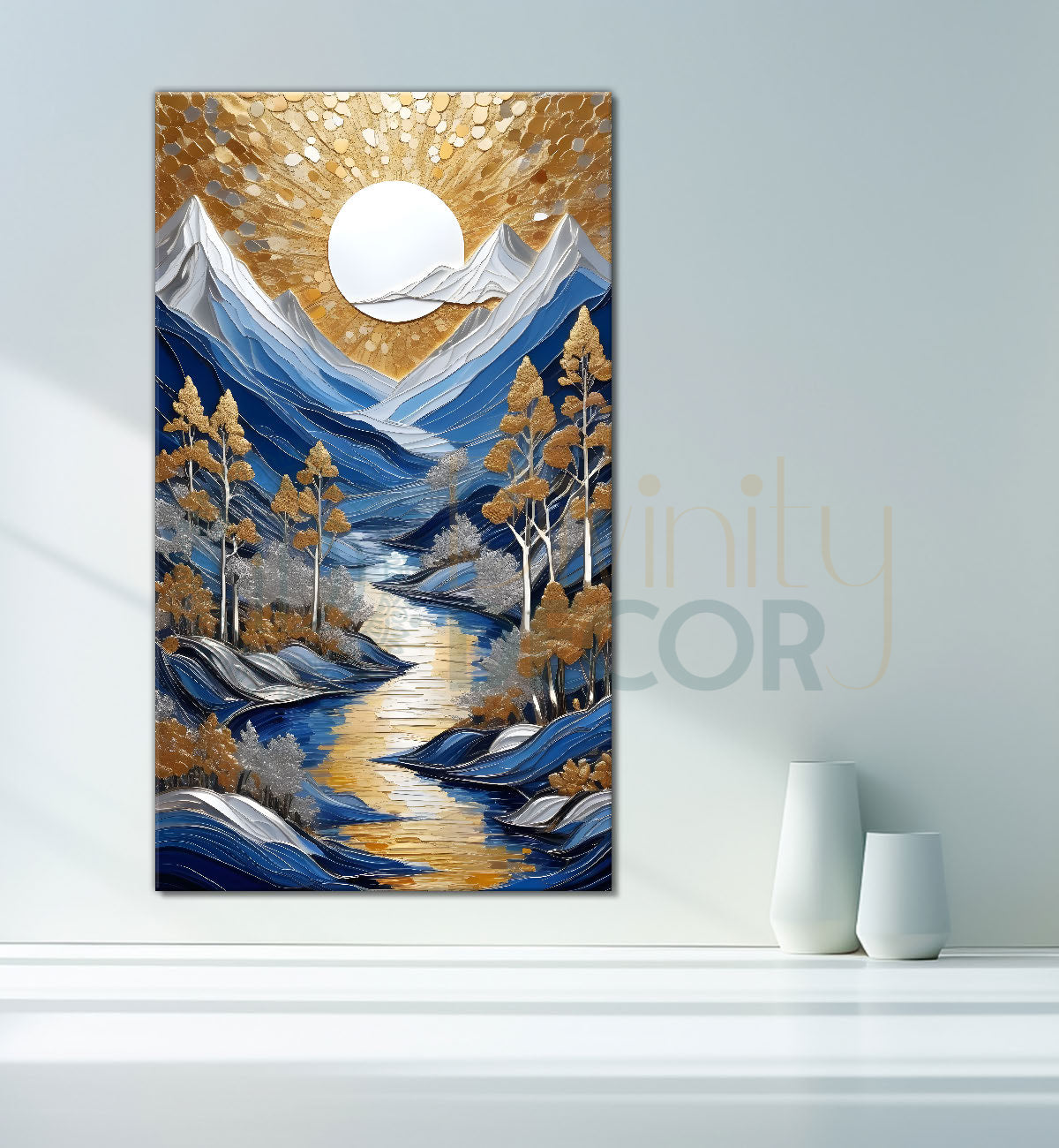 Blue mountains with golden trees and white moon textured nature art  Canvas Painting - Nature Art -V-1