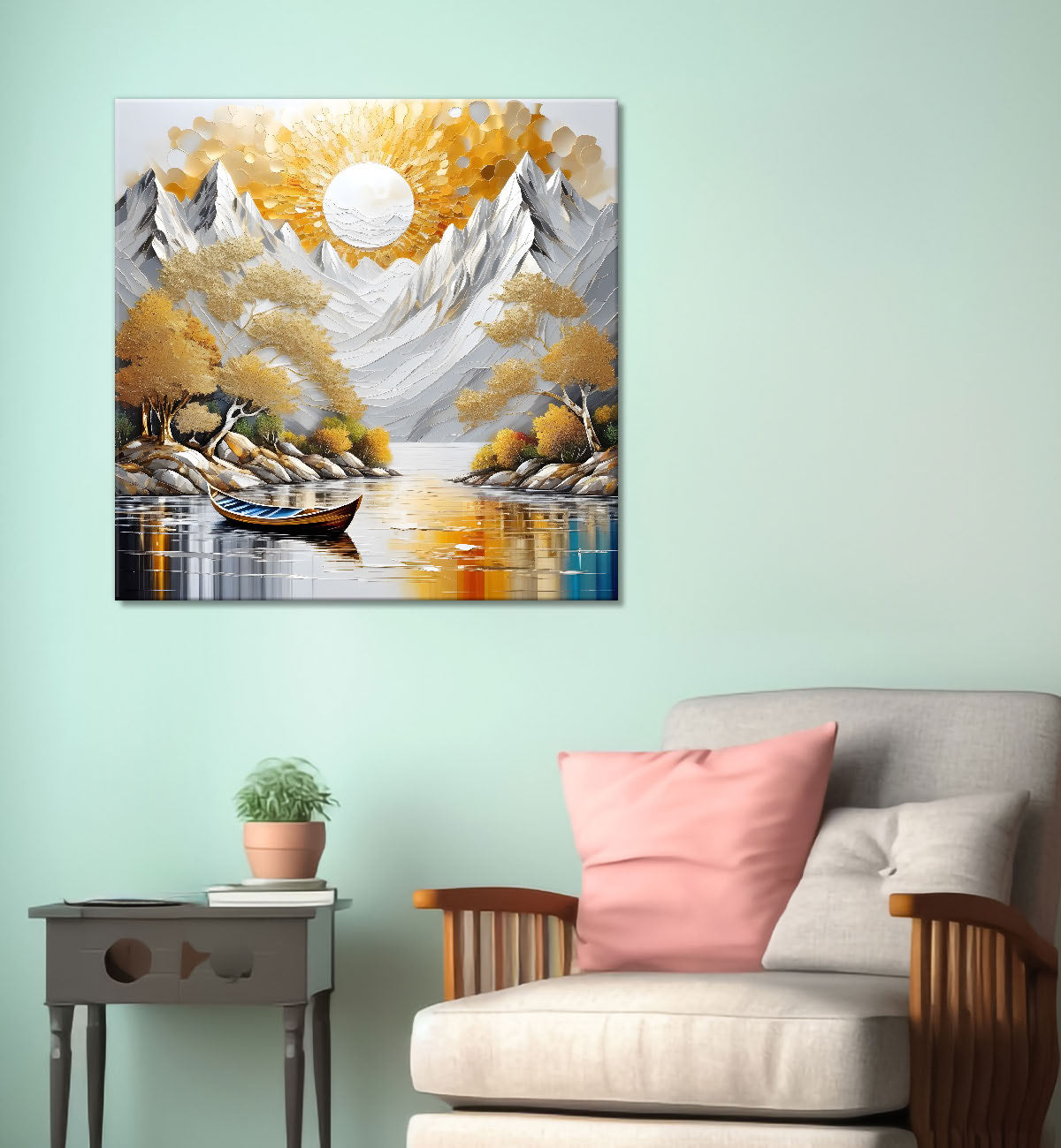 Golden tree with white mountains and sun natureal art Canvas Painting 24X24 - Nature Art -S-2
