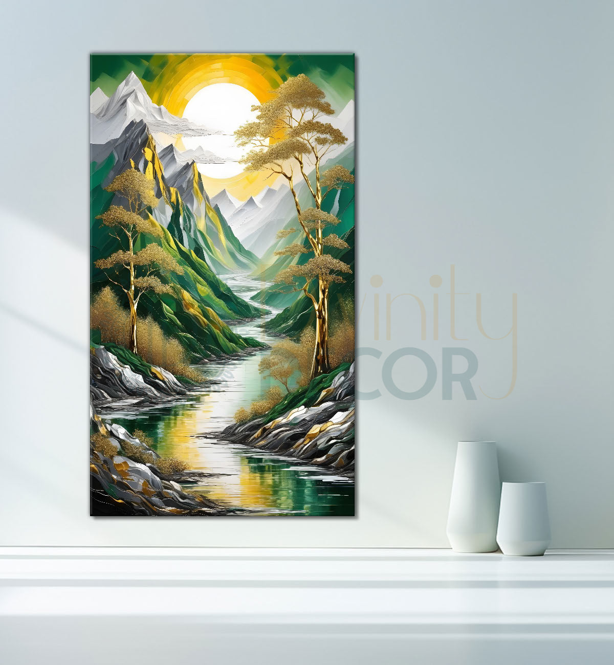 Green mountains with golden treesand white moon textured nature art Canvas Painting - Nature Art -V-2