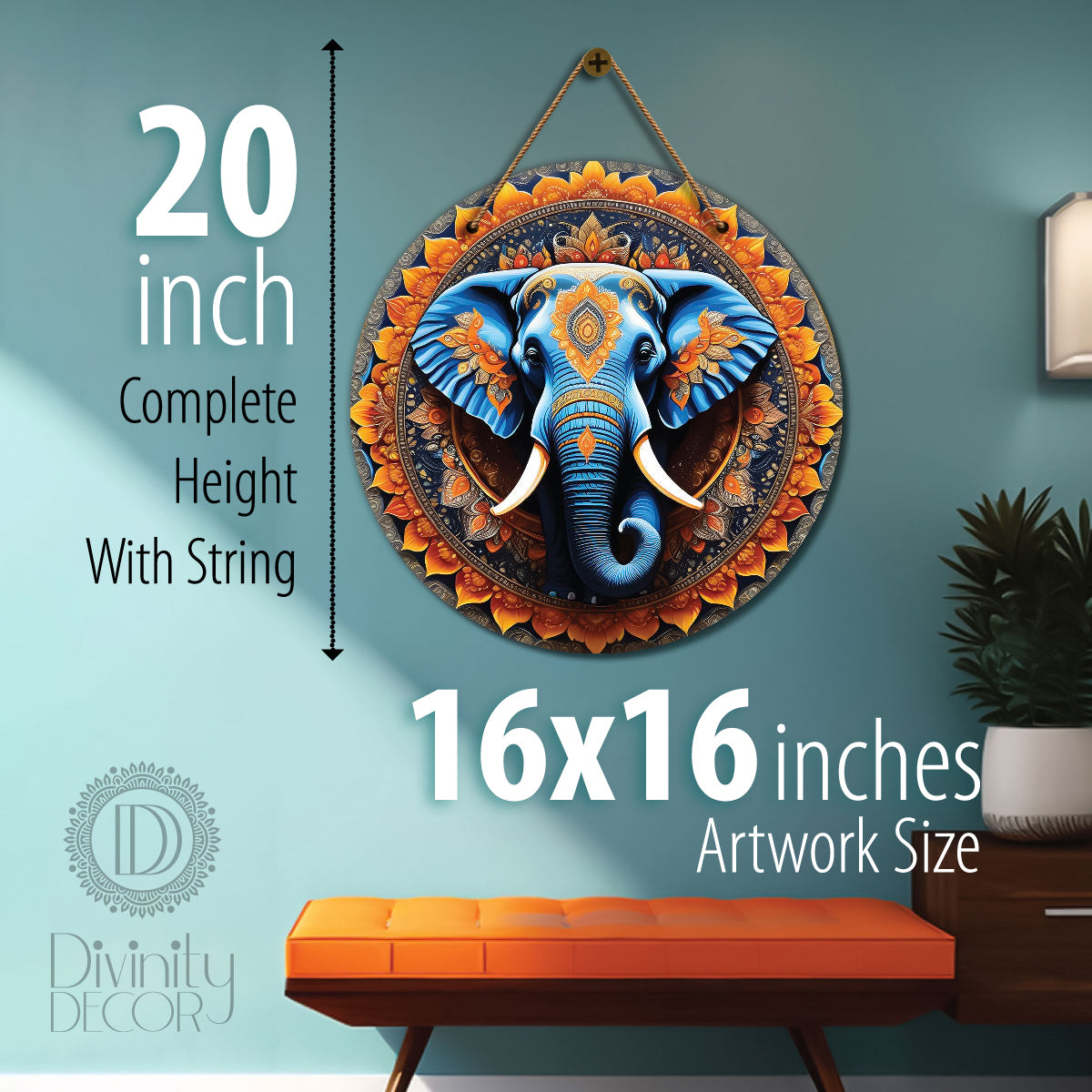 Elephant in orange and blue mandala Round Wooden Wall Hanging for wall Décor - Design - 02