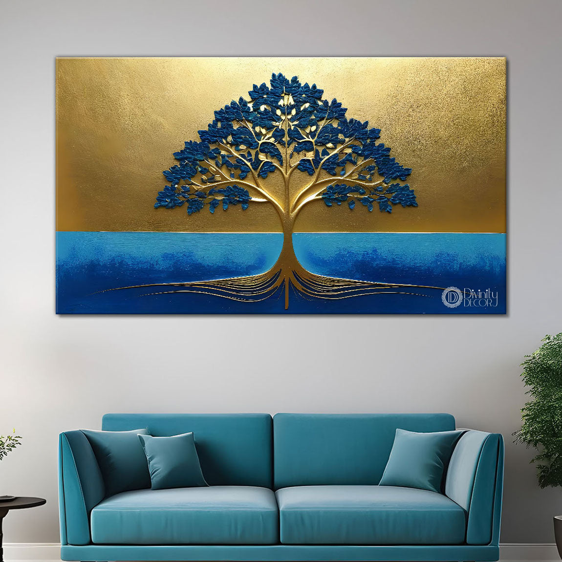 Tree in golden and blue textured modern art Canvas Painting - Design - Tree-2