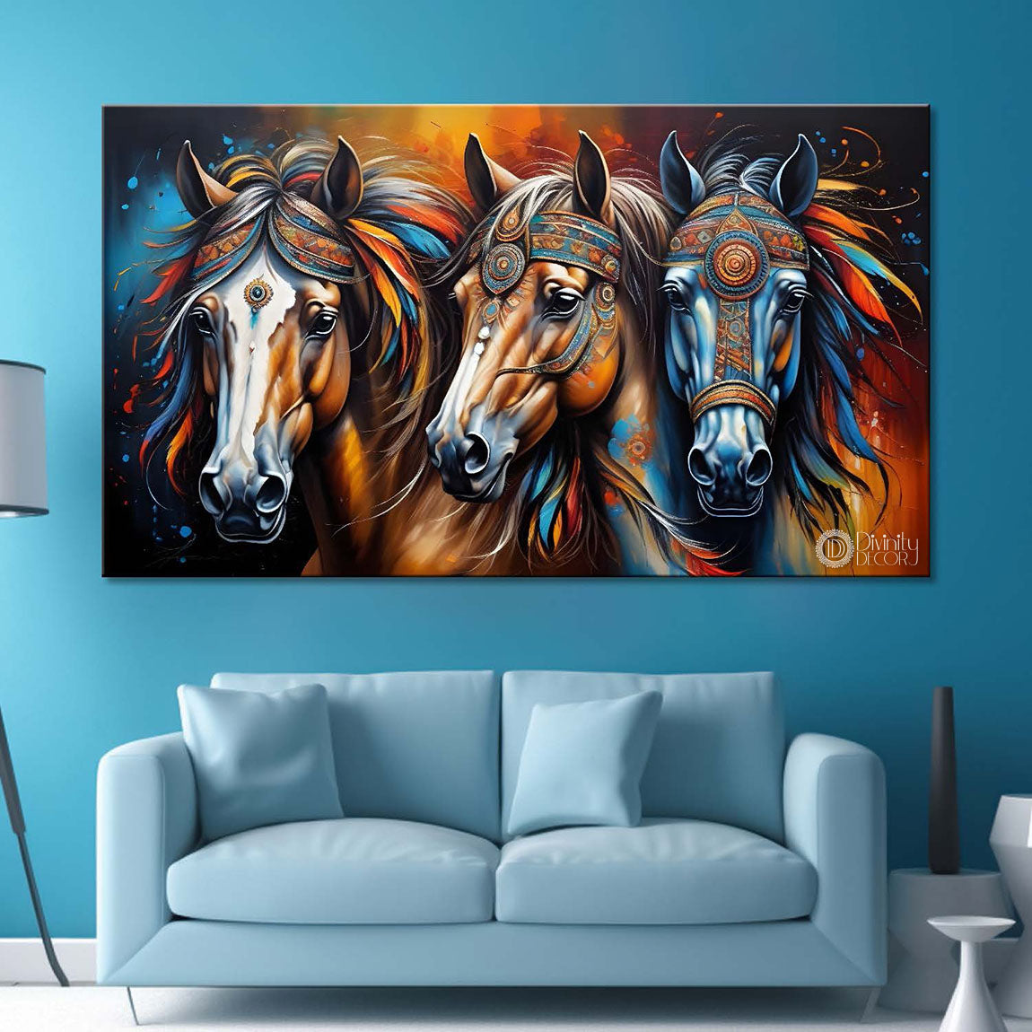 Three brown horses with colorful textured background art Canvas Painting - Design - Horse- 3