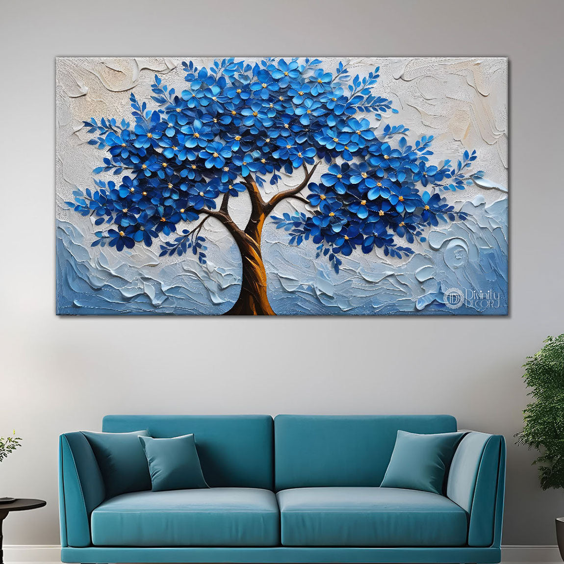 Blue tree with light background textured modern art Canvas Painting - Design - Tree-3