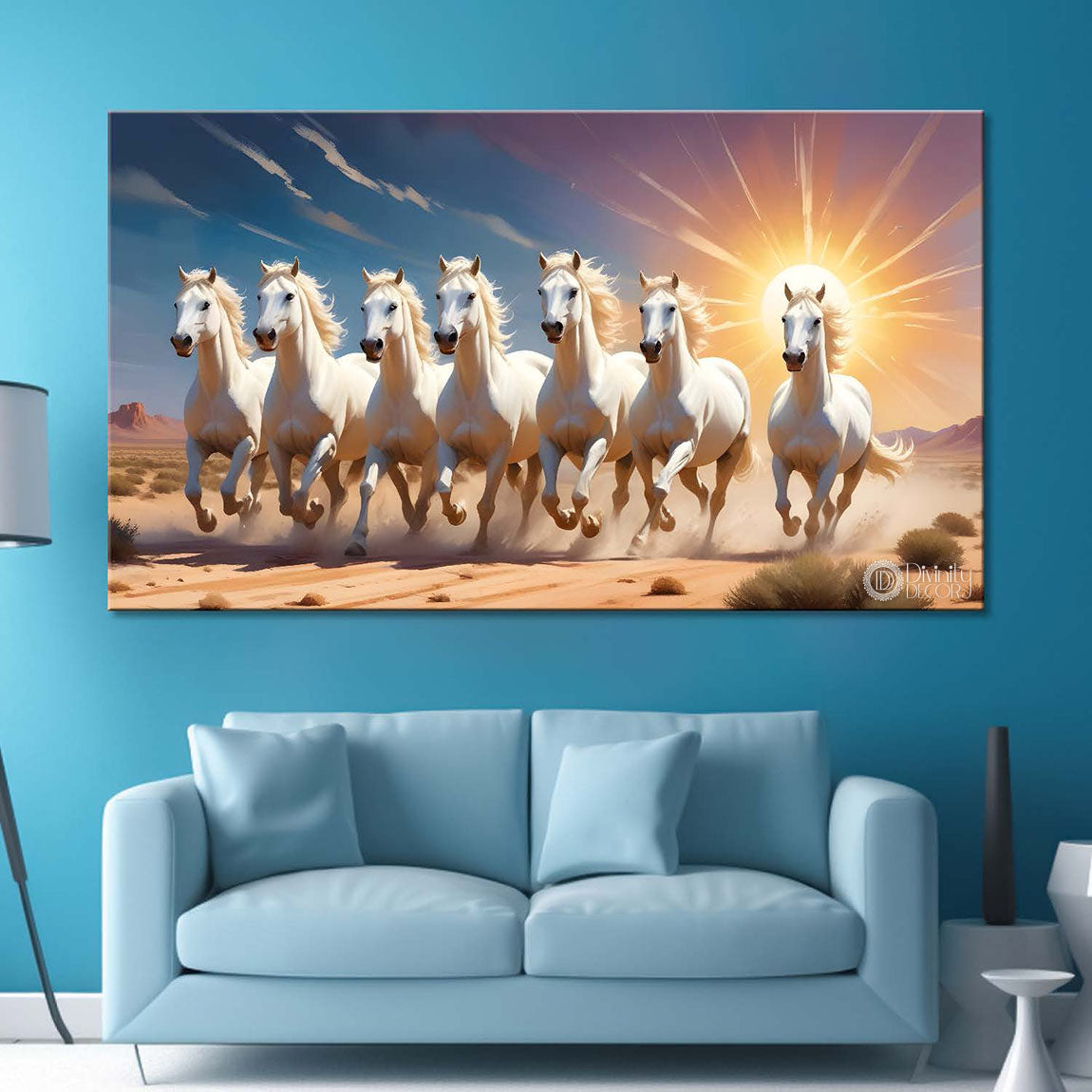 Seven white horses running with sunrise textured background art Canvas Painting - Design - Horse- 4