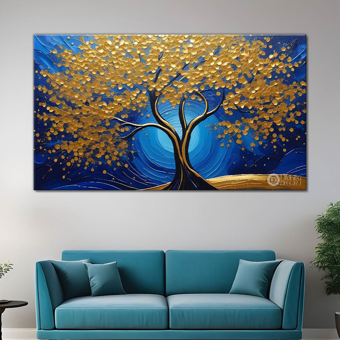 Golden tree in blue background textured modern art Canvas Painting - Design - Tree-4