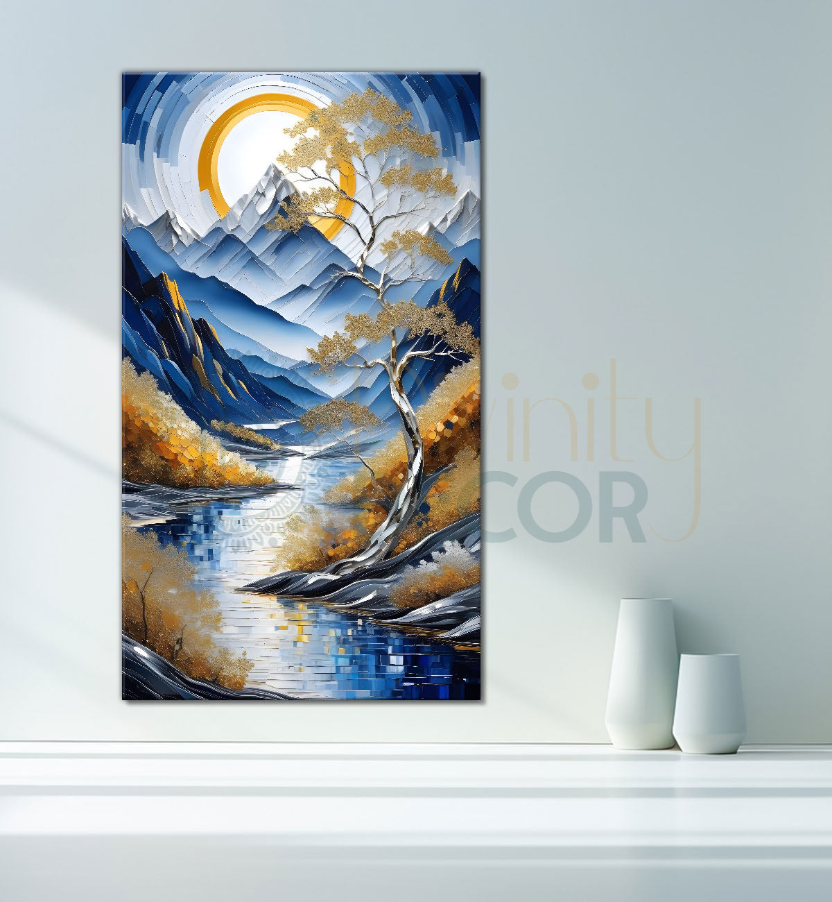 Blue mountains with golden trees and white moon textured nature art Canvas Painting - Nature Art -V-4