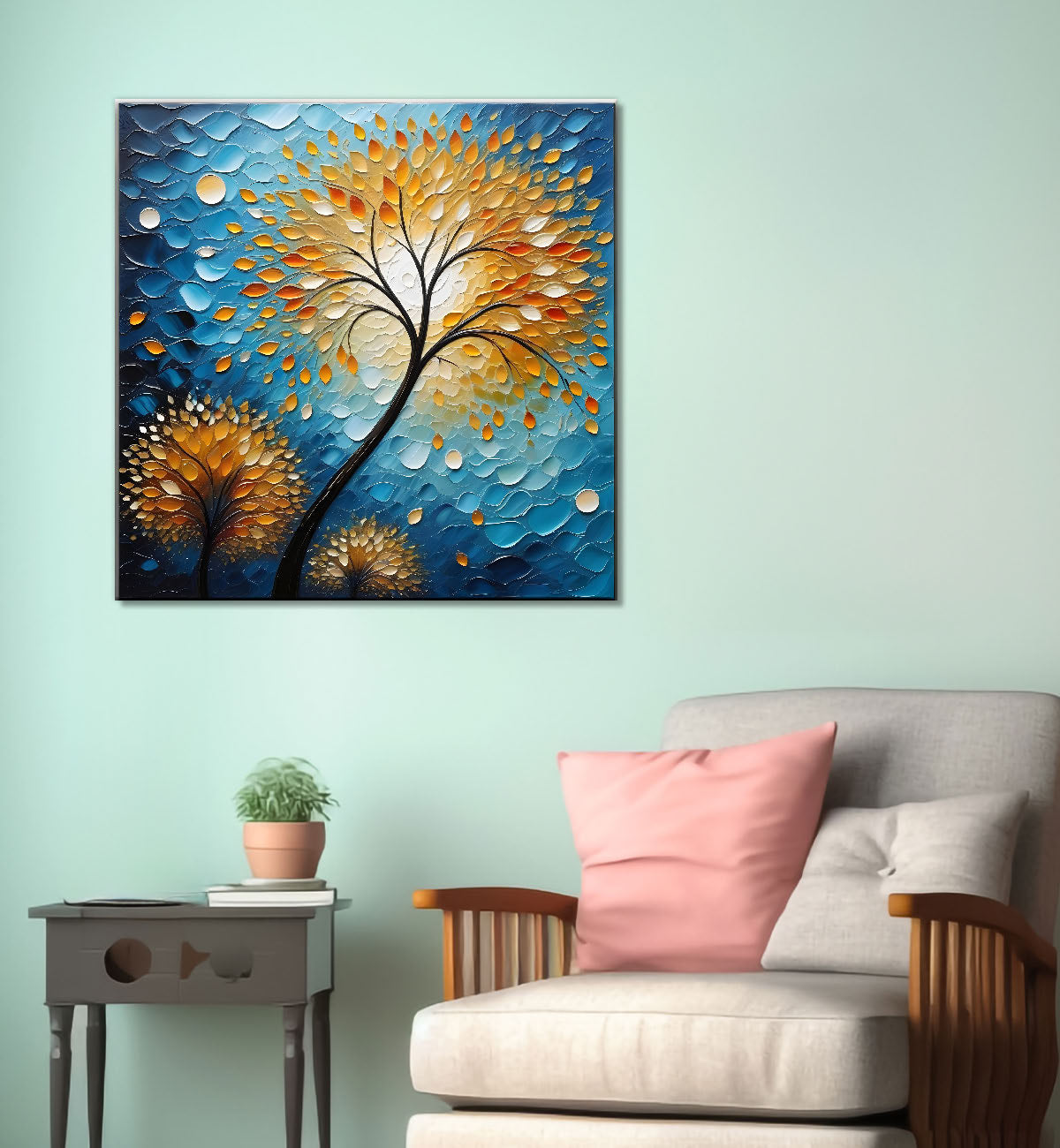 Golden tree with moon in dark green background natural art Canvas Painting 24X24- Nature Art -S-4