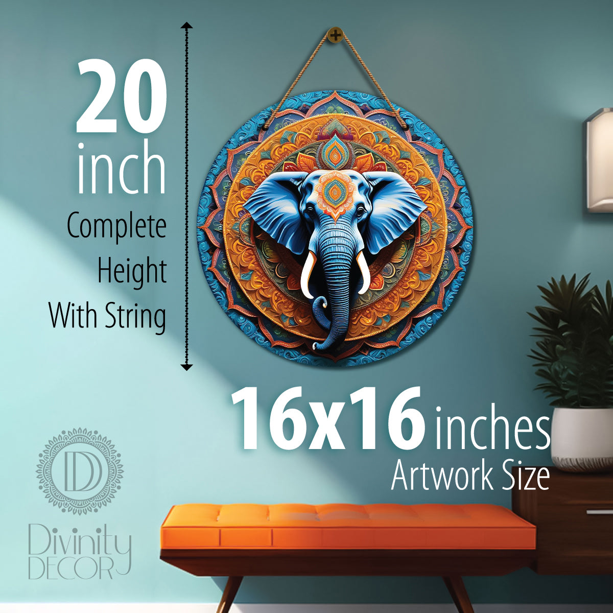 Elephant in orange and blue mandala Round Wooden Wall Hanging for wall Décor - Design - 04