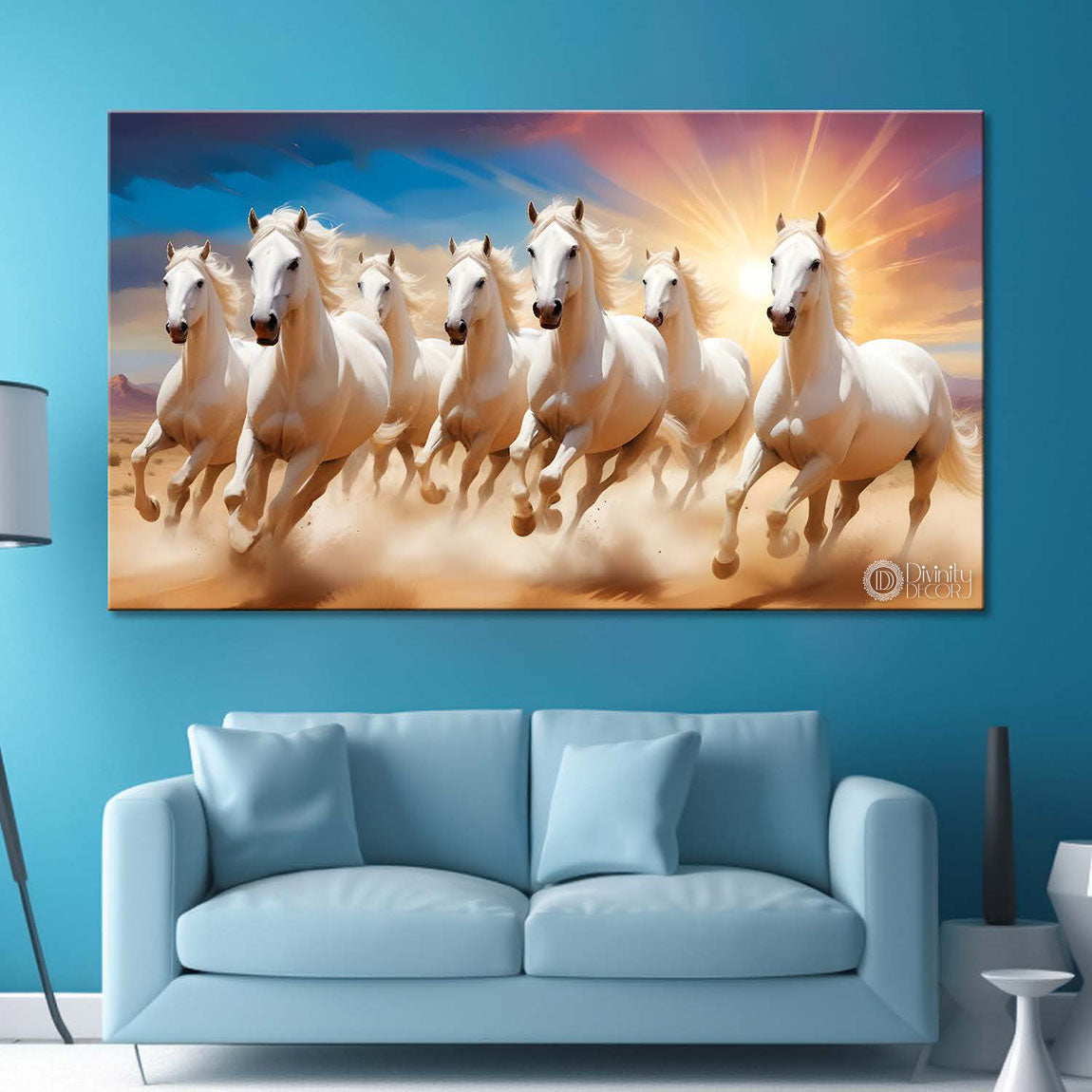 Seven white horses running with sunrise textured background art Canvas Painting - Design - Horse- 5