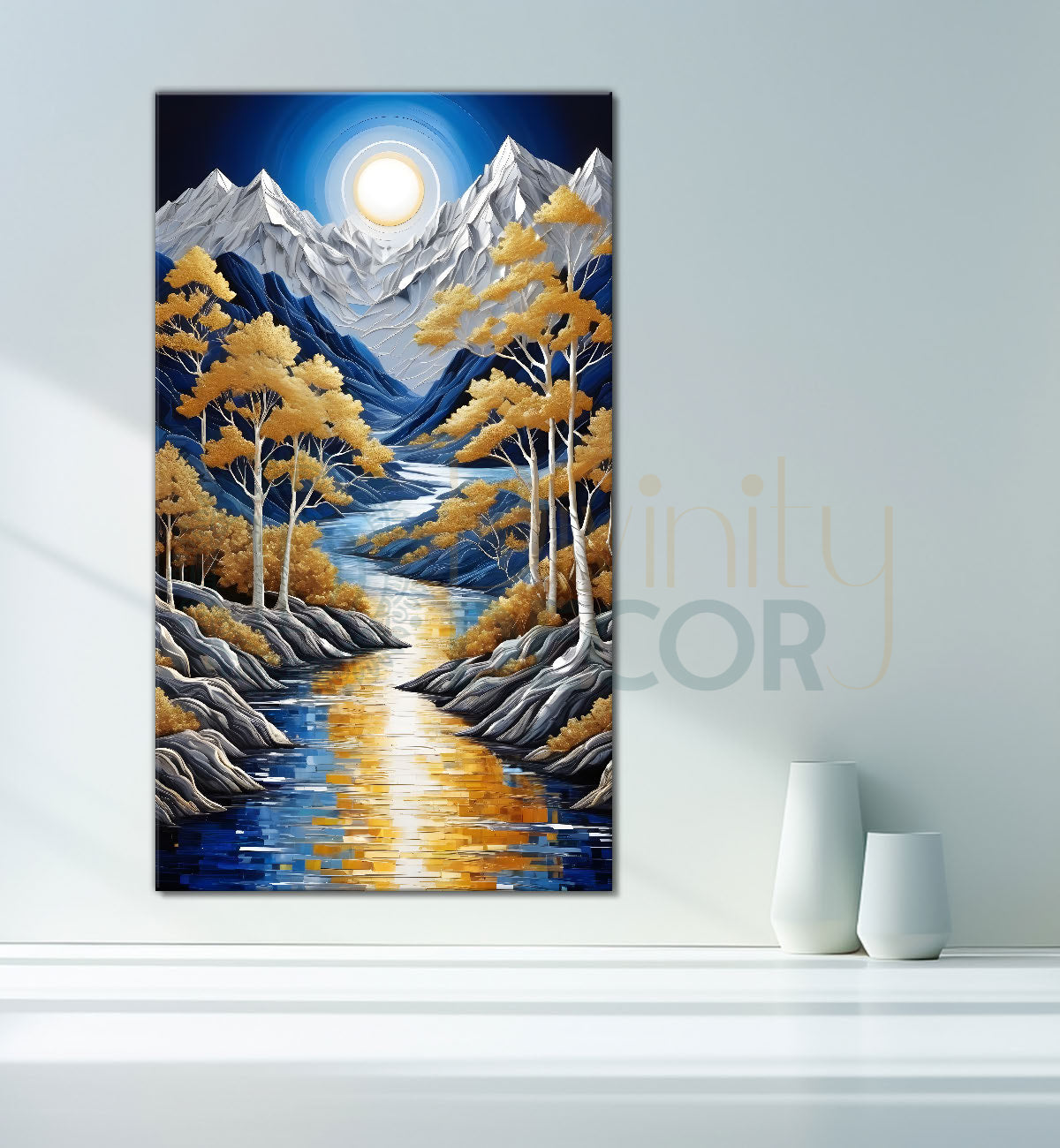 Blue mountains with golden trees and white moon textured natural art  Canvas Painting - Nature Art -V-5