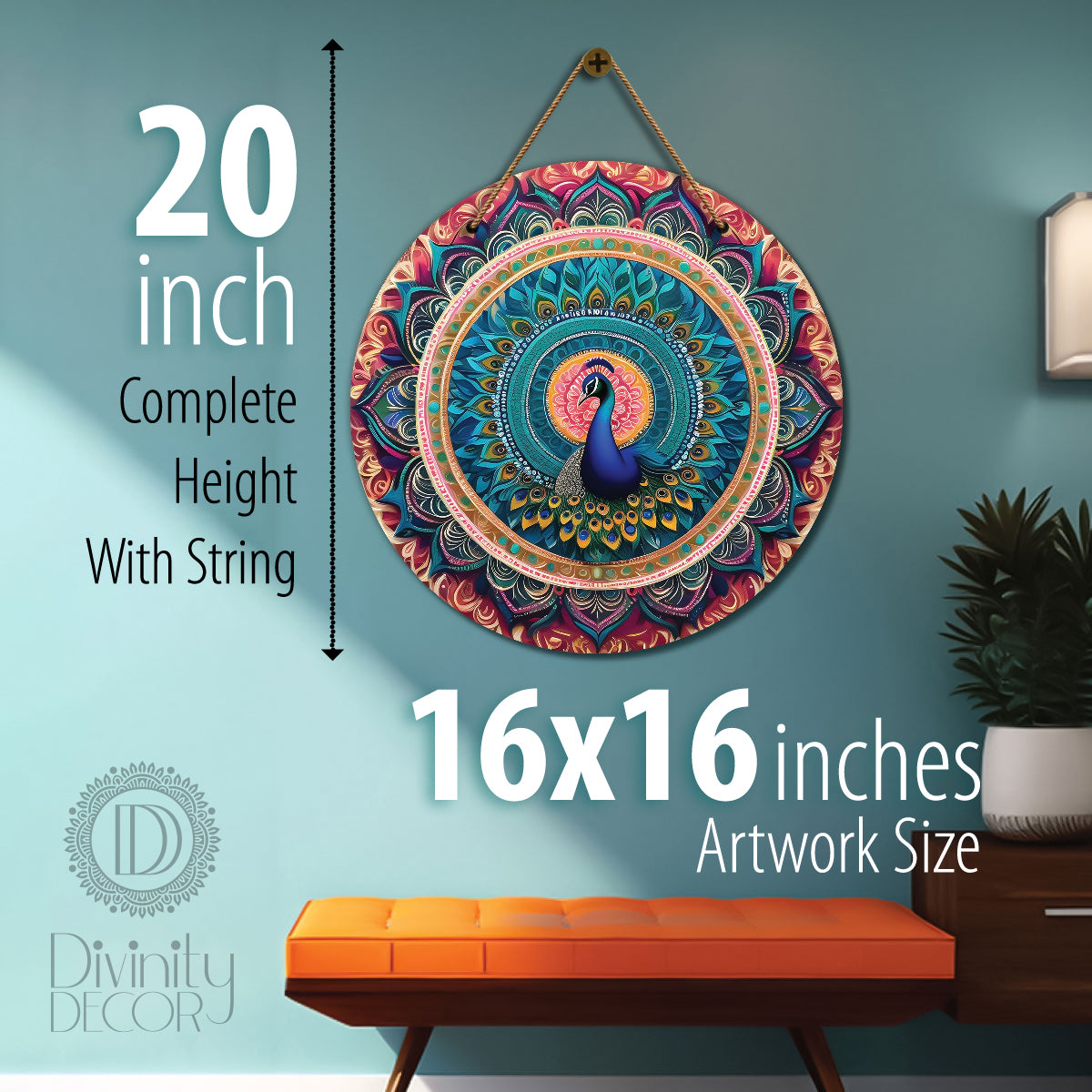 Peacock in green and pink mandala Round Wooden Wall Hanging for wall Décor - Design - 05