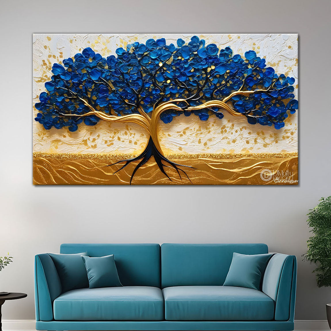 Blue tree with golden and white background textured modern art Canvas Painting - Design - Tree-5