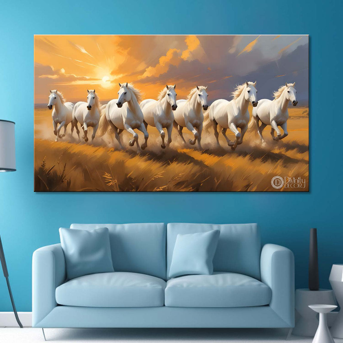 White horses running on field with sunrise textured background art Canvas Painting - Design - Horse- 6