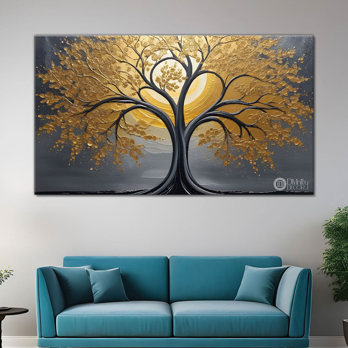 Golden tree in grey background textured modern art Canvas Painting - Design - Tree-6