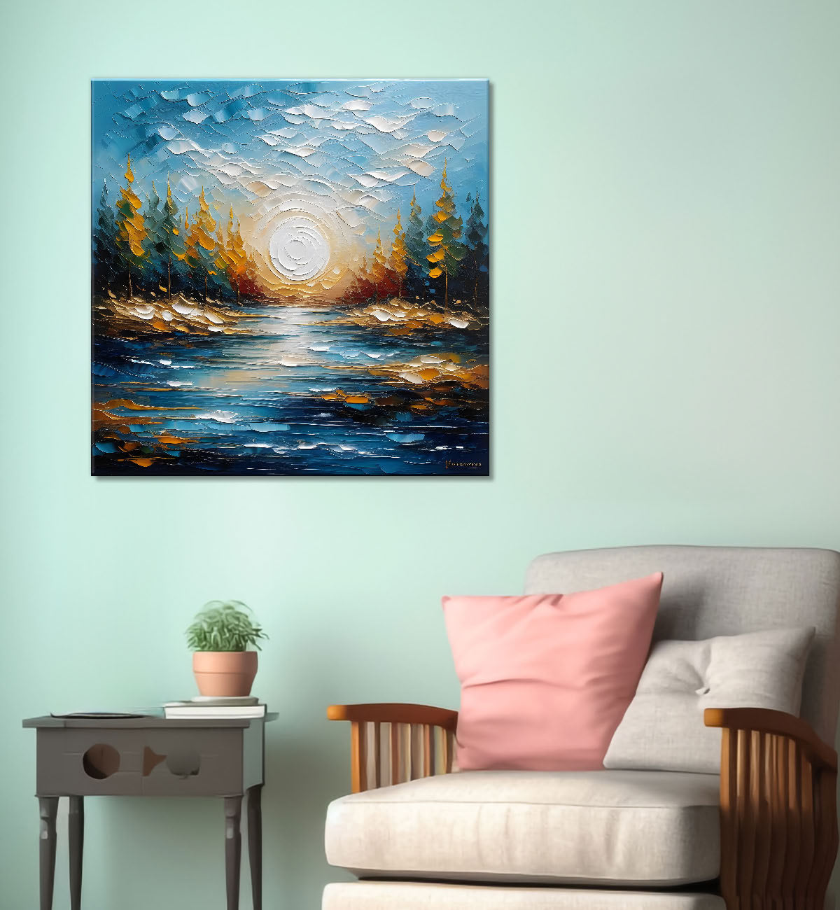 Sun with trees and river in colourful textured painting Canvas Painting 24X24 - Nature Art -S-6