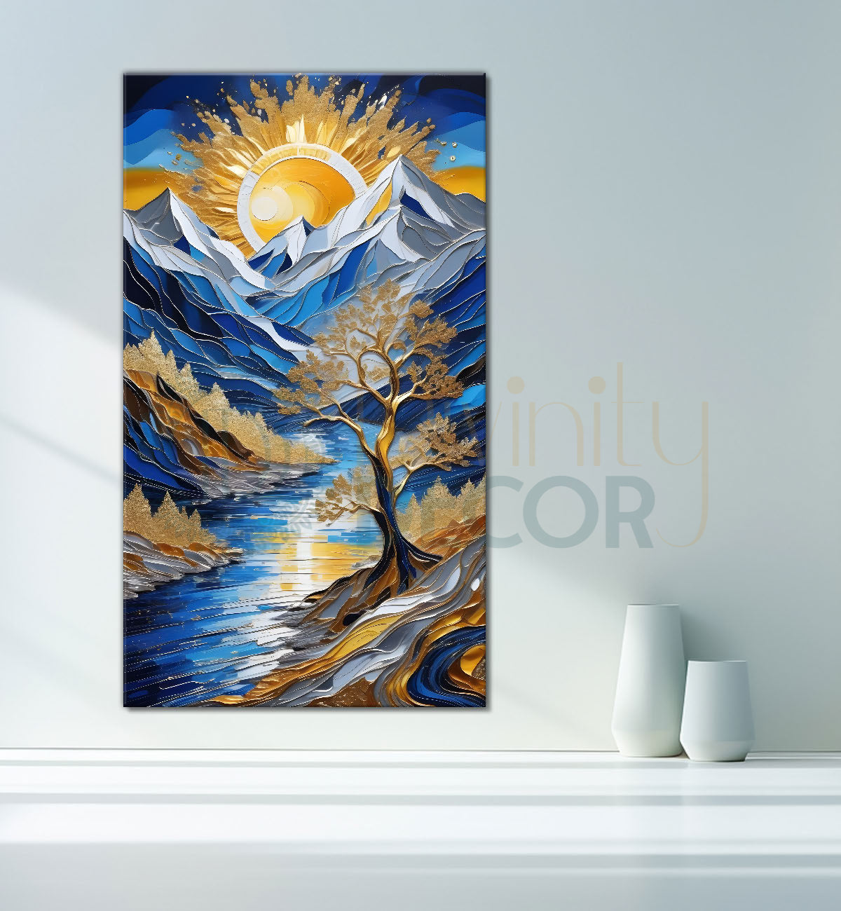 Blue mountains with golden trees and white moon textured natural art Canvas Painting - Nature Art -V-6