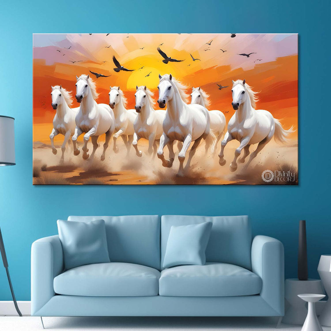 White horses running with flying eagle in sunset textured background art Canvas Painting - Design - Horse-7