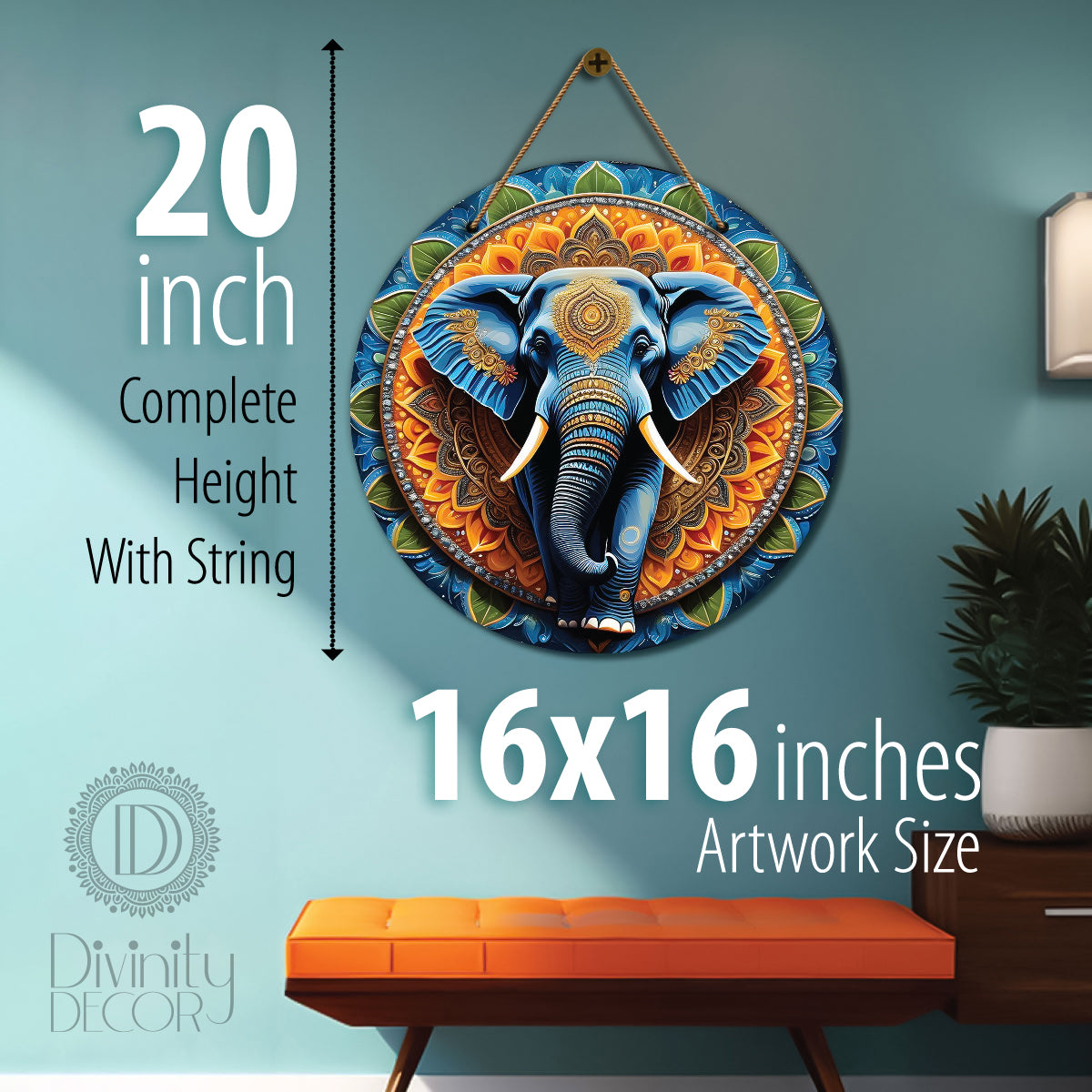 Elephant in orange and blue mandala Round Wooden Wall Hanging for wall Décor - Design - 07