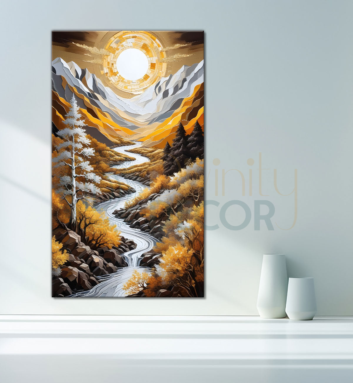 Orange mountains wtih river and trees with moon textured natural art Canvas Painting - Nature Art -V-7