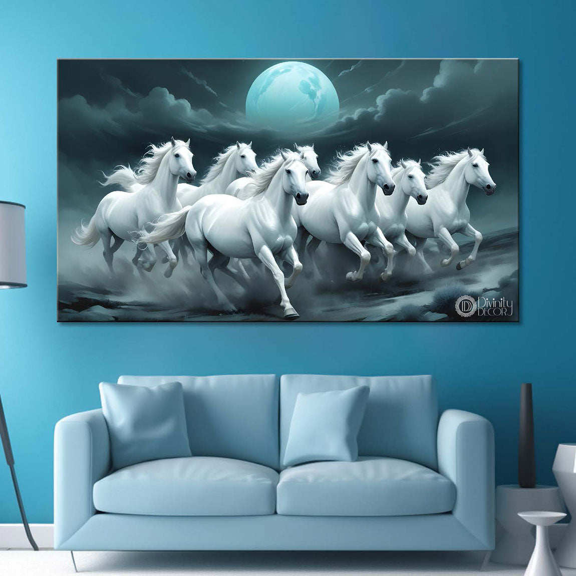 White horses with moon in black textured background art Canvas Painting - Design - Horse-8