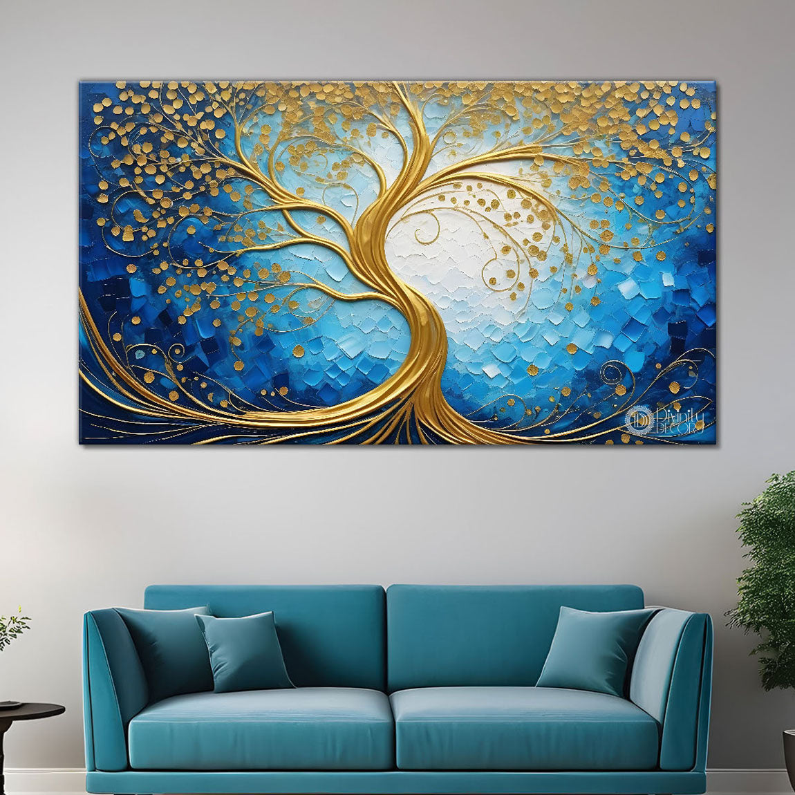 Golden tree with blue textured modern art Canvas Painting - Design - Tree-8
