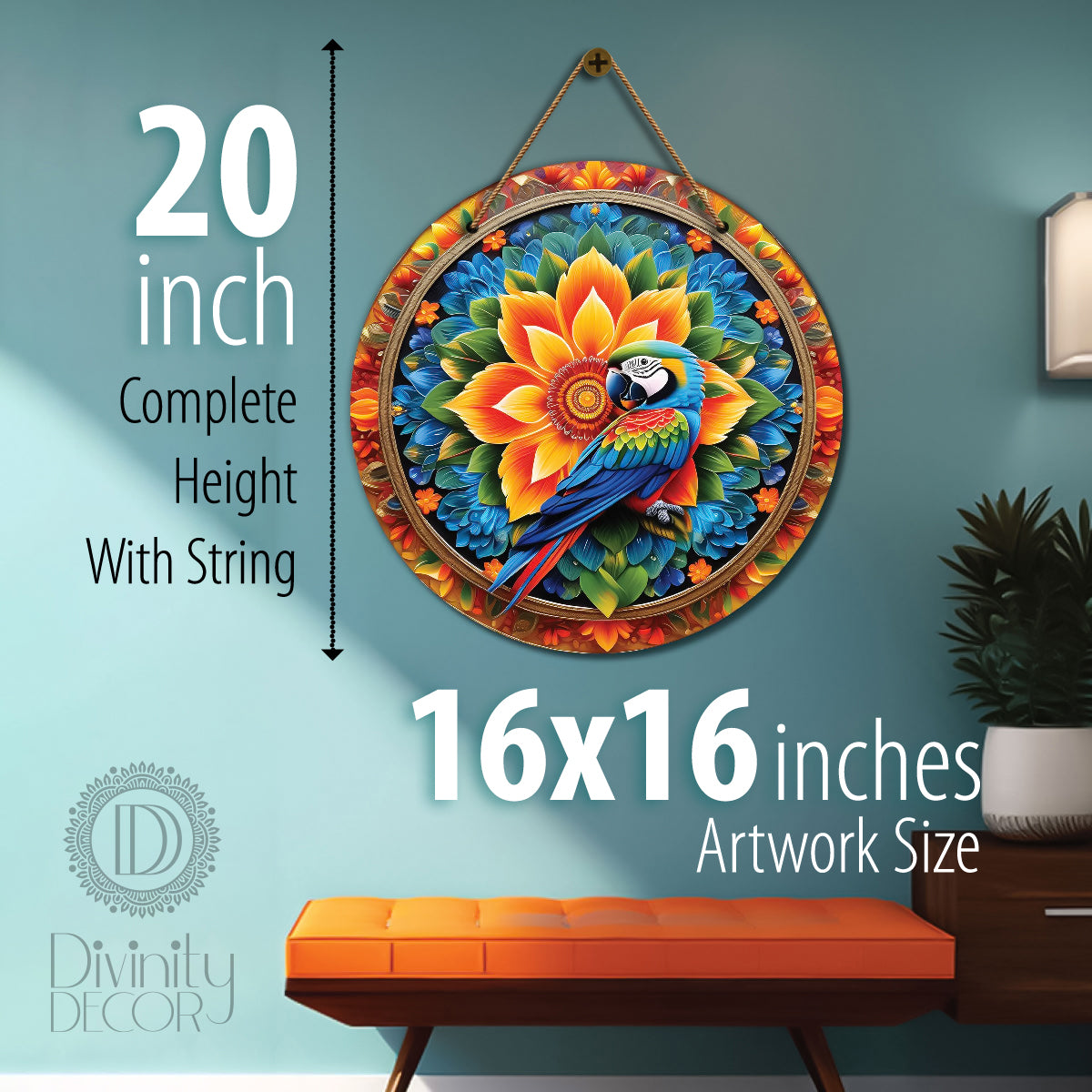 Parrot in colourful mandala Round Wooden Wall Hanging for wall Décor - Design - 08
