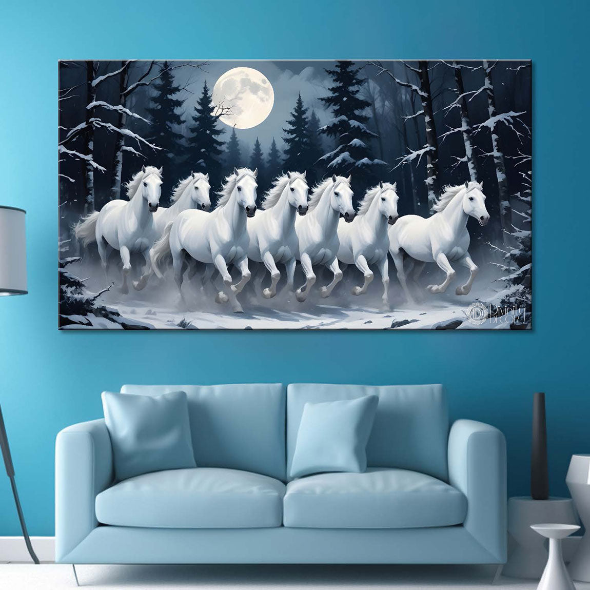 White horses running with moon and trees in black textured background art Canvas Painting - Design - Horse-9