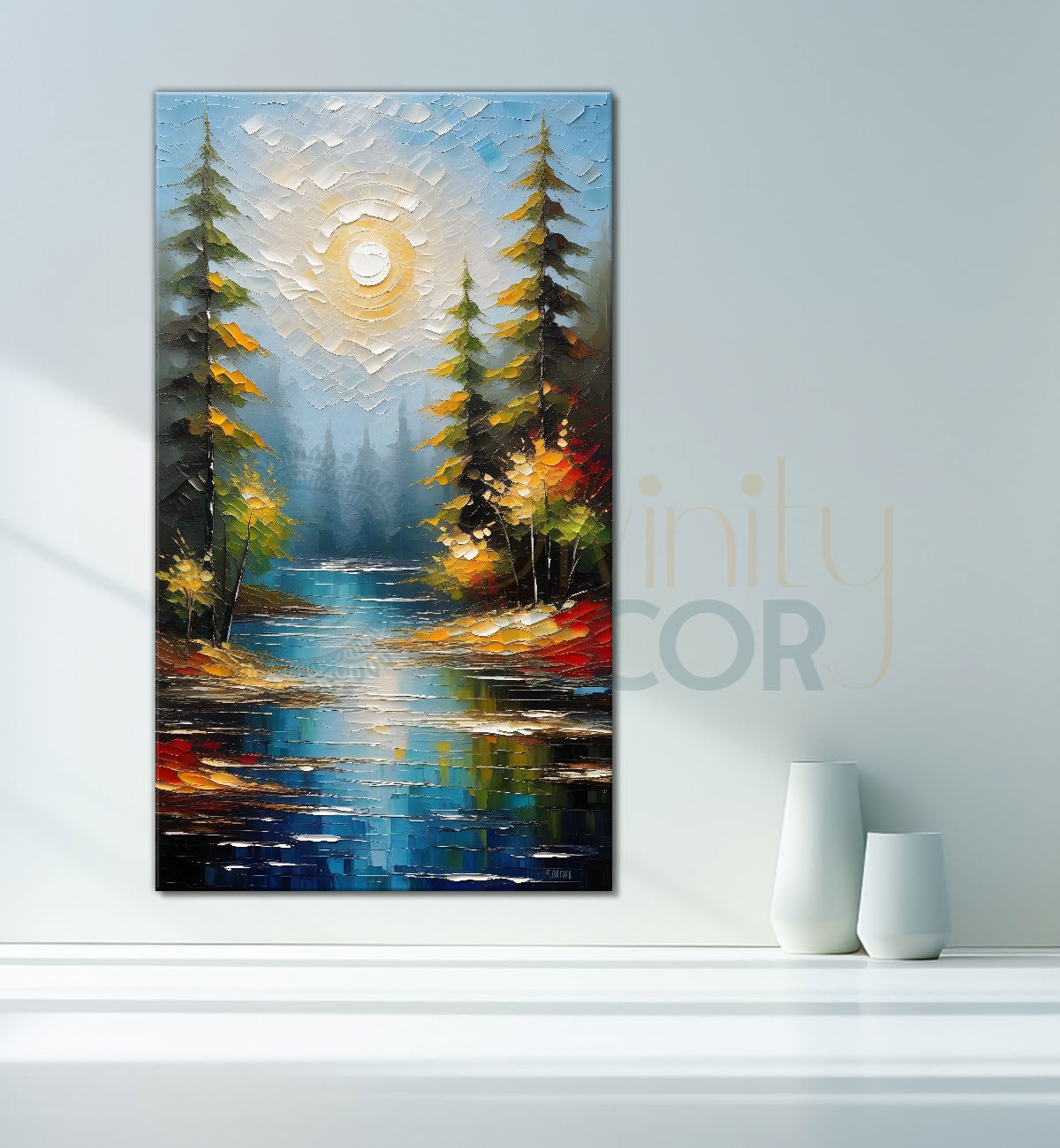 Tree with lake in colourful textured natural art Canvas Painting - Nature Art -V-9