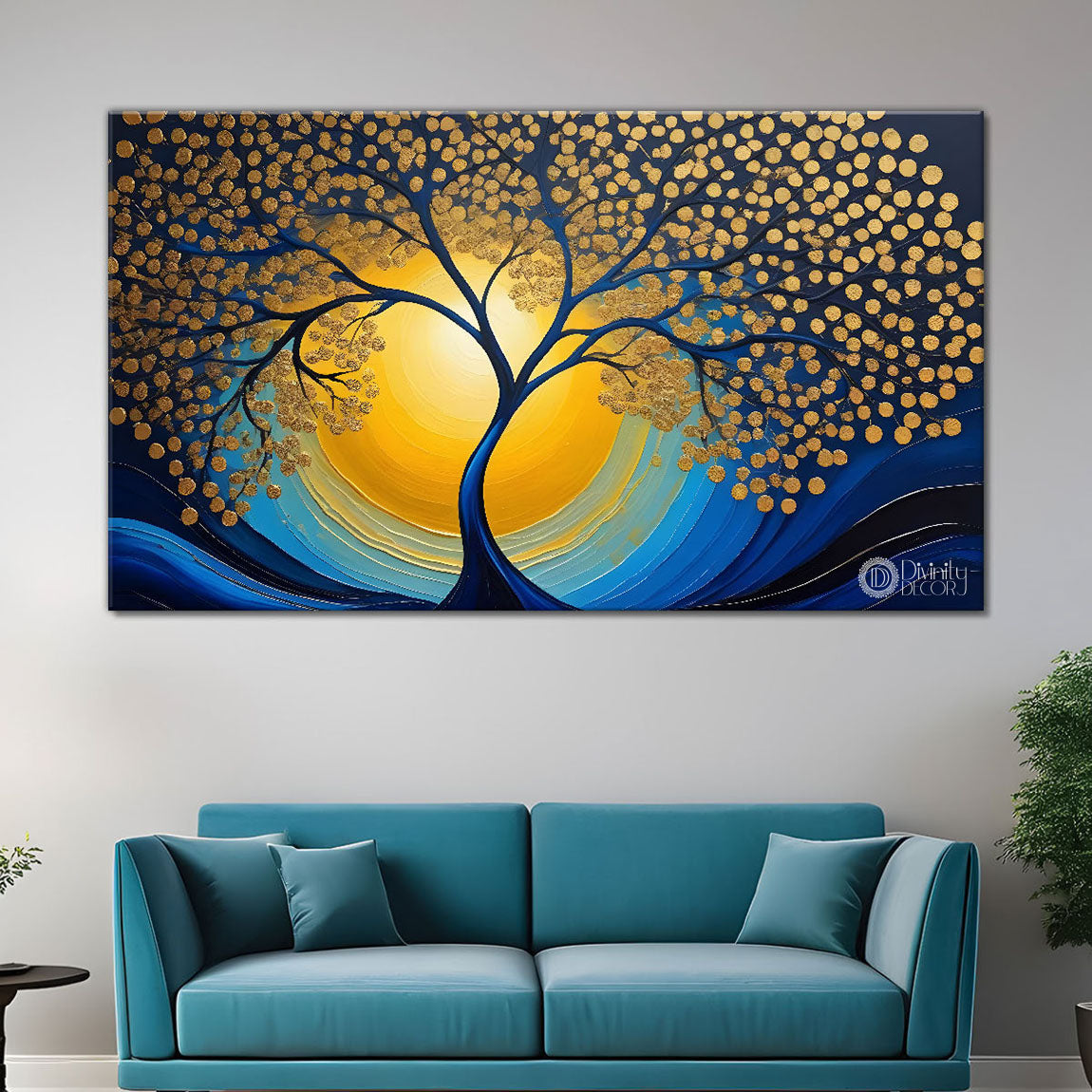 Golden leaf tree with sun in behind textured modern art Canvas Painting - Design - Tree-9