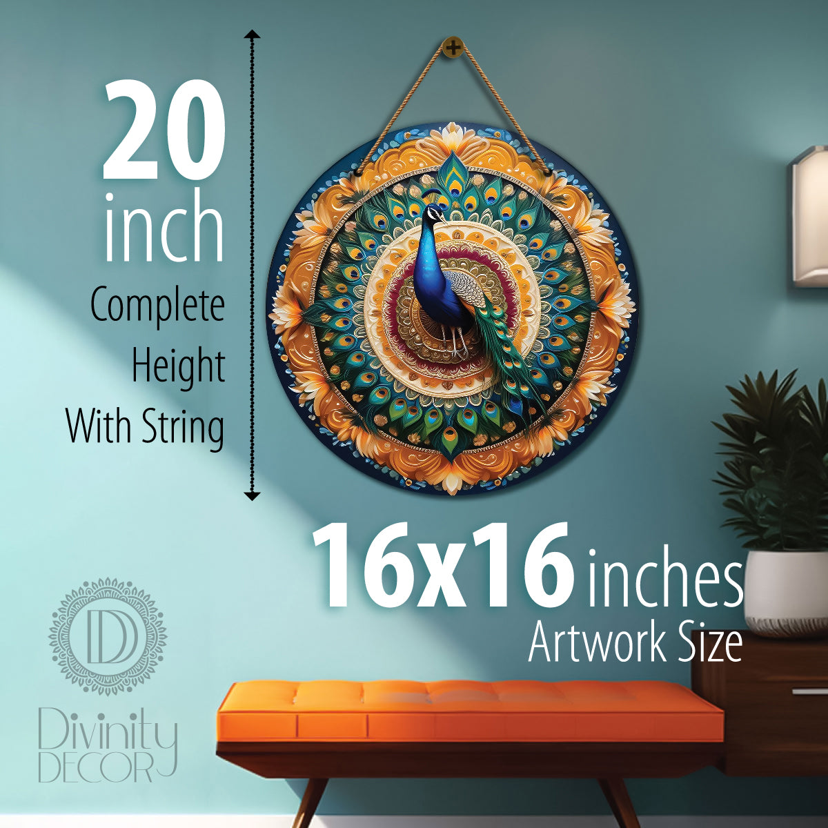 Peacock in orange and blue mandala Round Wooden Wall Hanging for wall Décor - Design - 09