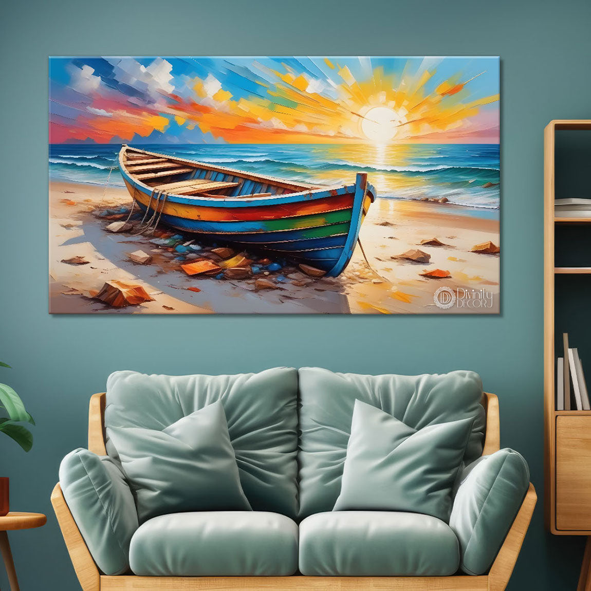 Boat on a beach in textured modern art canvas painting - Design - River-1