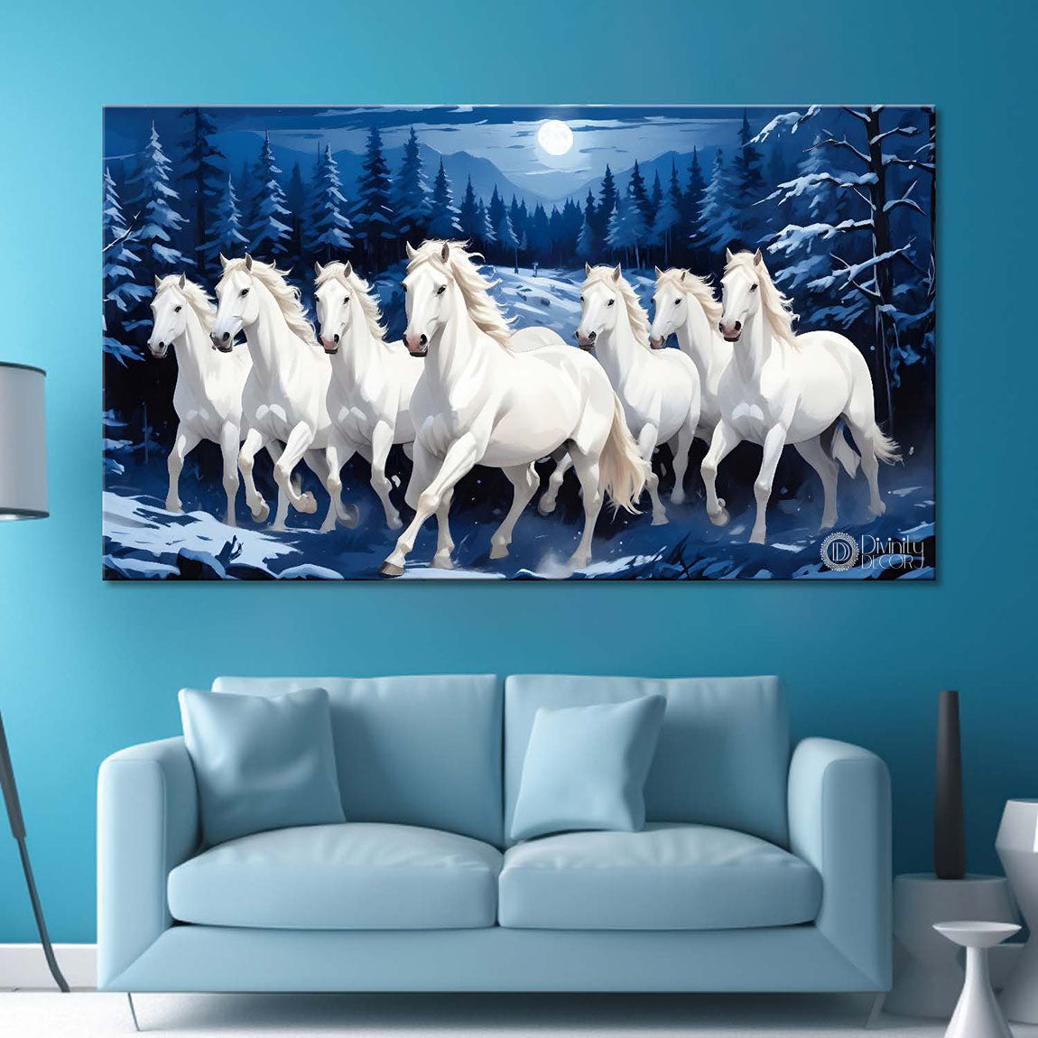 White horses running with moon and trees in blue textured background art Canvas Painting - Design - Horse-10