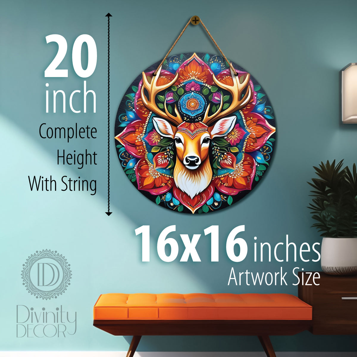 Deer in red and blue mandala Round Wooden Wall Hanging for wall Décor - Design - 10