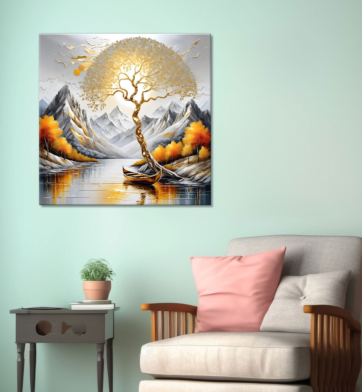 Japnese tree with grey mountains and river Canvas Painting 24X24- Nature Art -S-10
