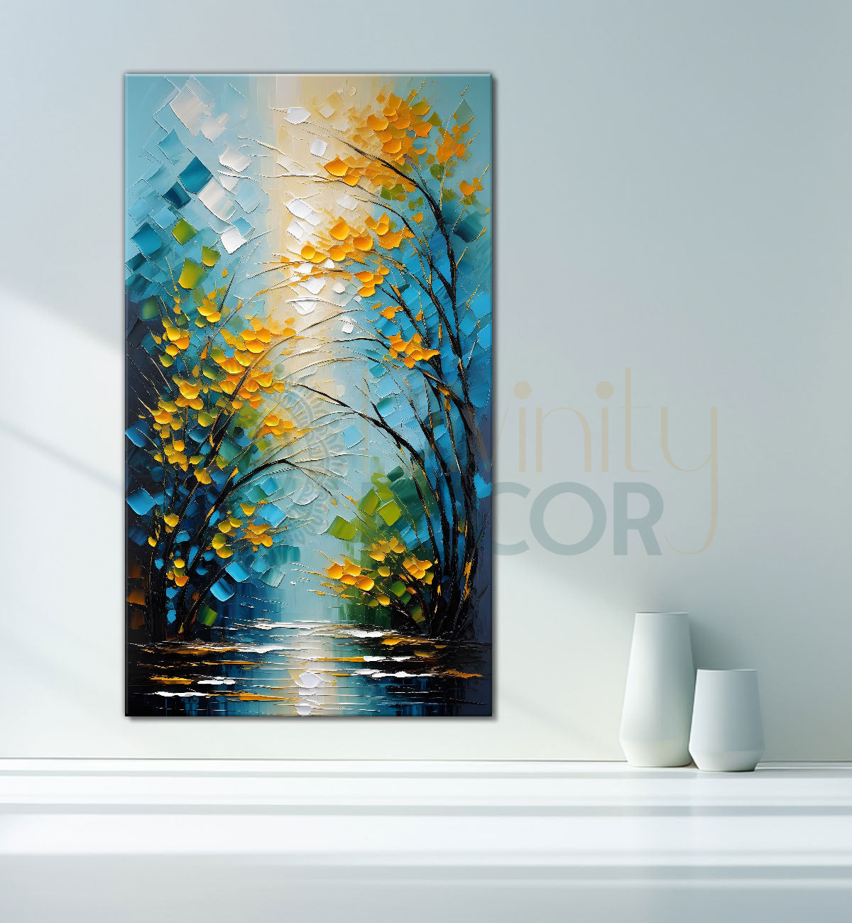 Yellow textured tree with lake in textured natural art Canvas Painting - Nature Art -V-10