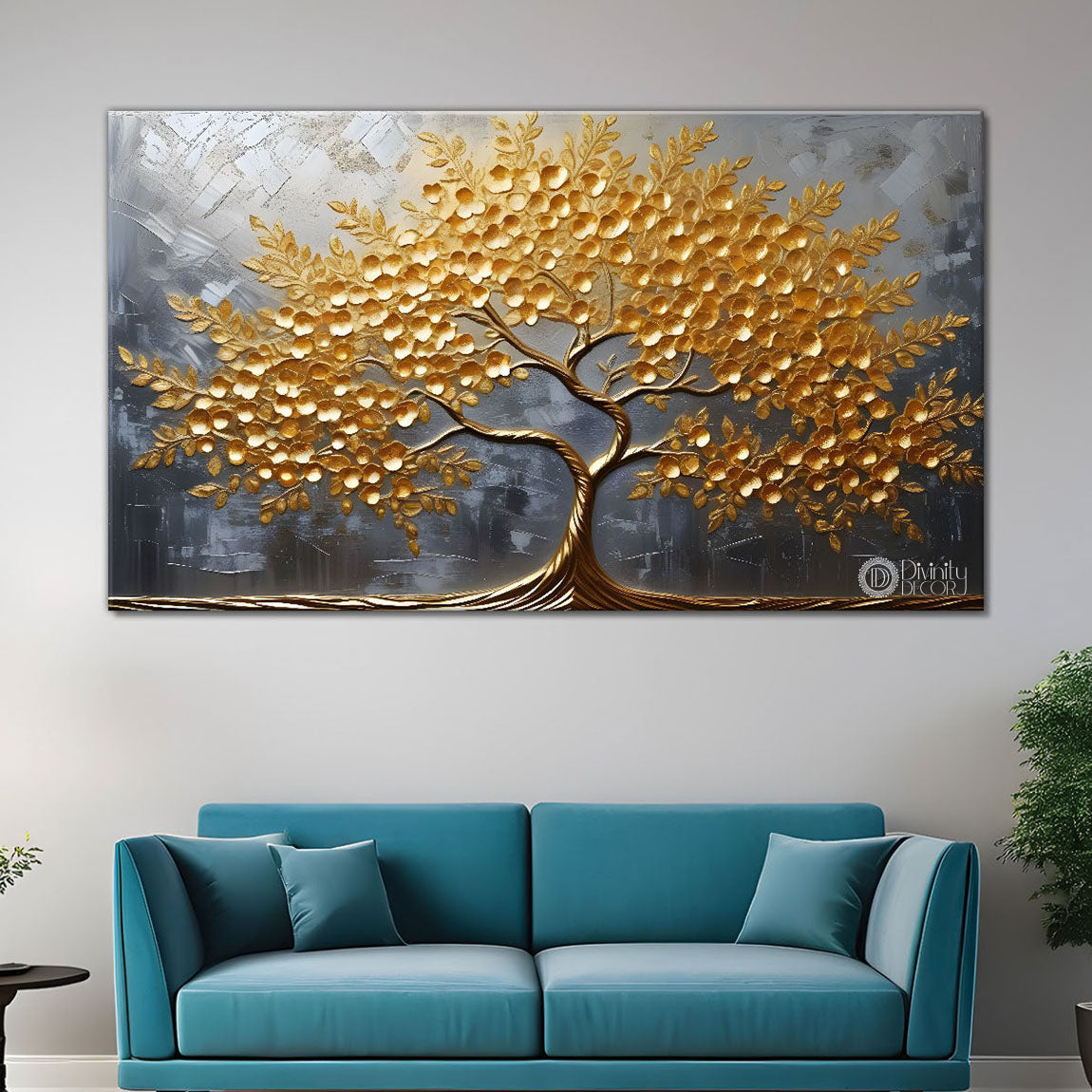 Golden tree in grey textured background modern art Canvas Painting - Design - Tree-10