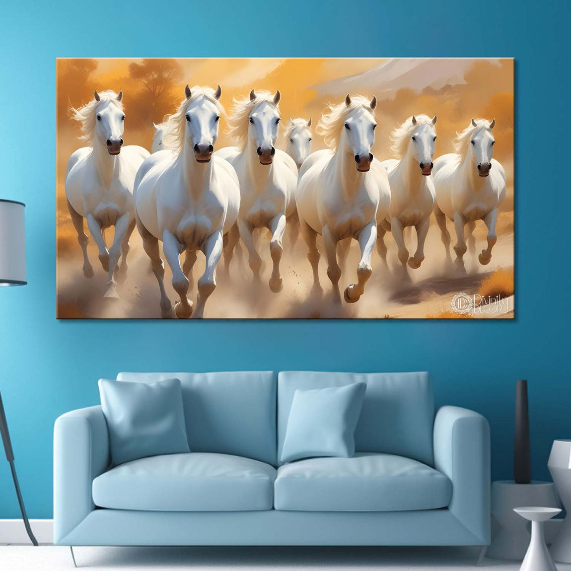 White horses running in yellow textured background art Canvas Painting - Design - Horse-11