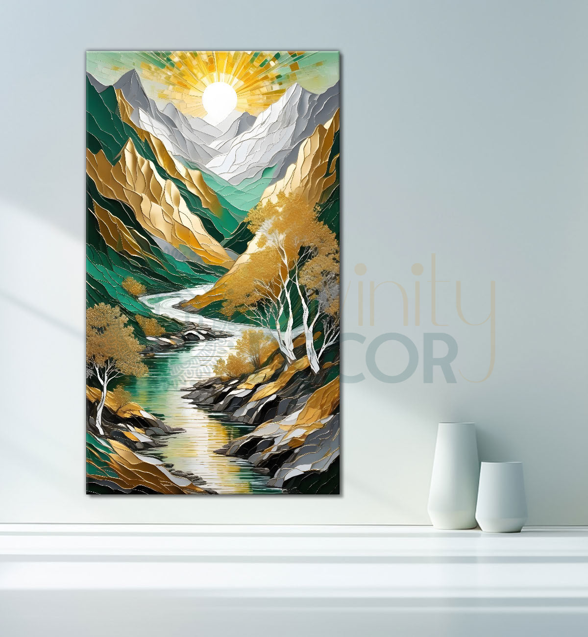 Green mountains with golden treesand white moon textured natural art  Canvas Painting - Nature Art -V-11