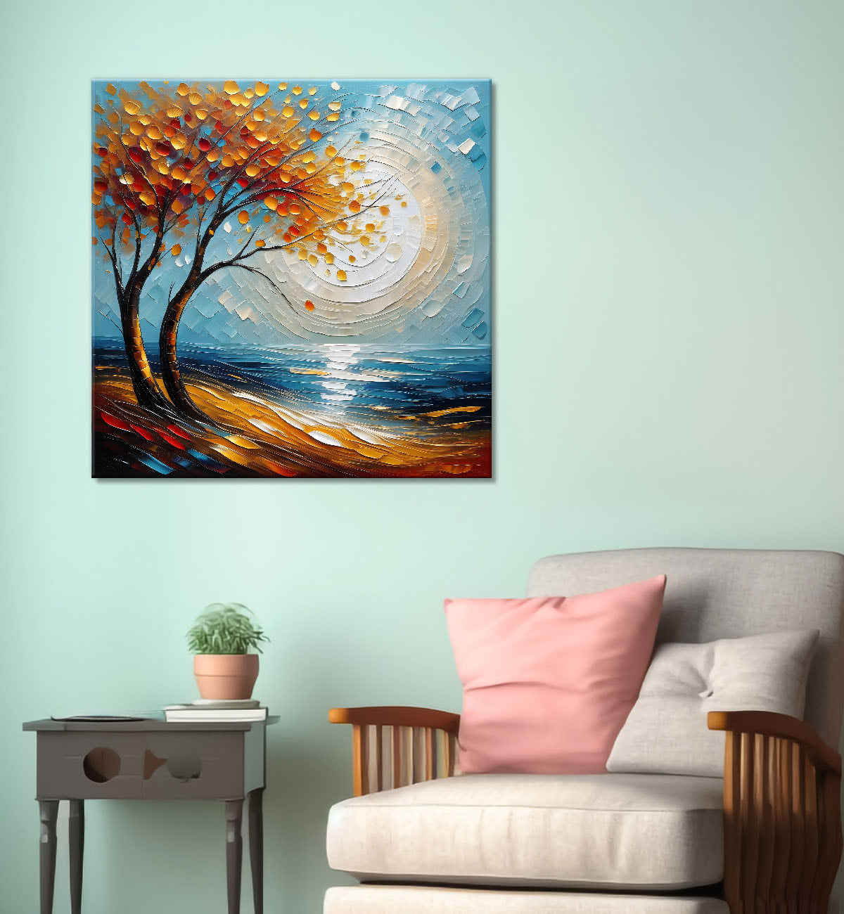 Orange tree with moon in blue background natural art Canvas Painting 24X24 - Nature Art -S-11