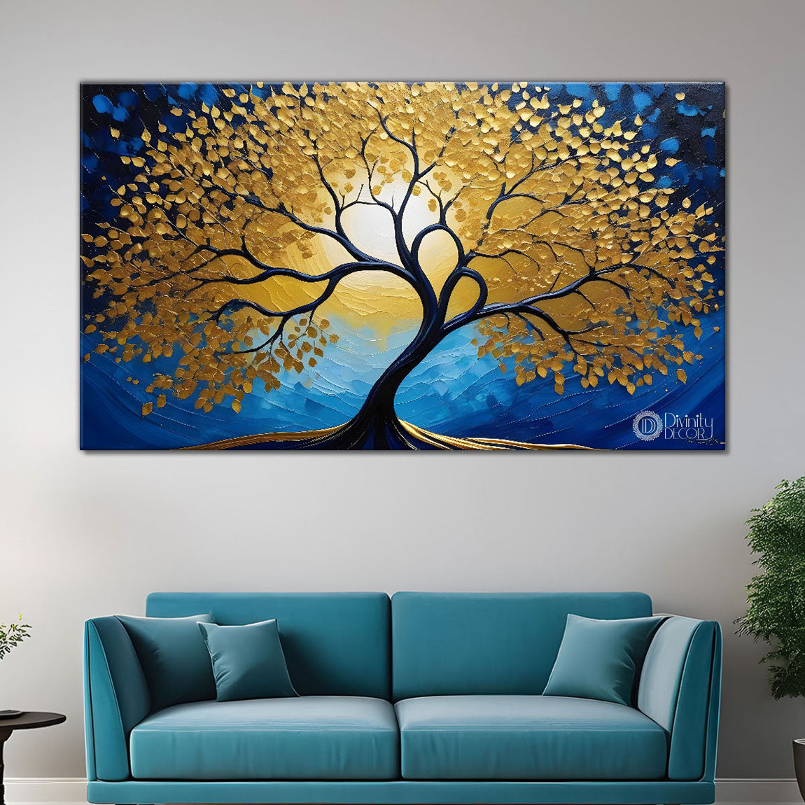 Golden tree with blue textured modern art Canvas Painting - Design - Tree-11