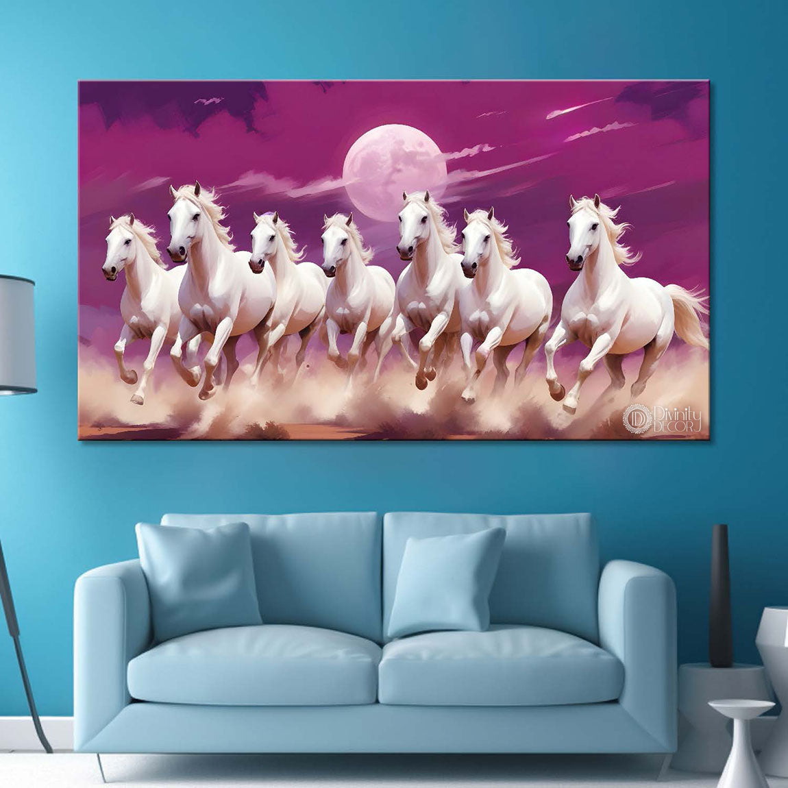 White horses running with moon in purple textured background art Canvas Painting - Design - Horse-12