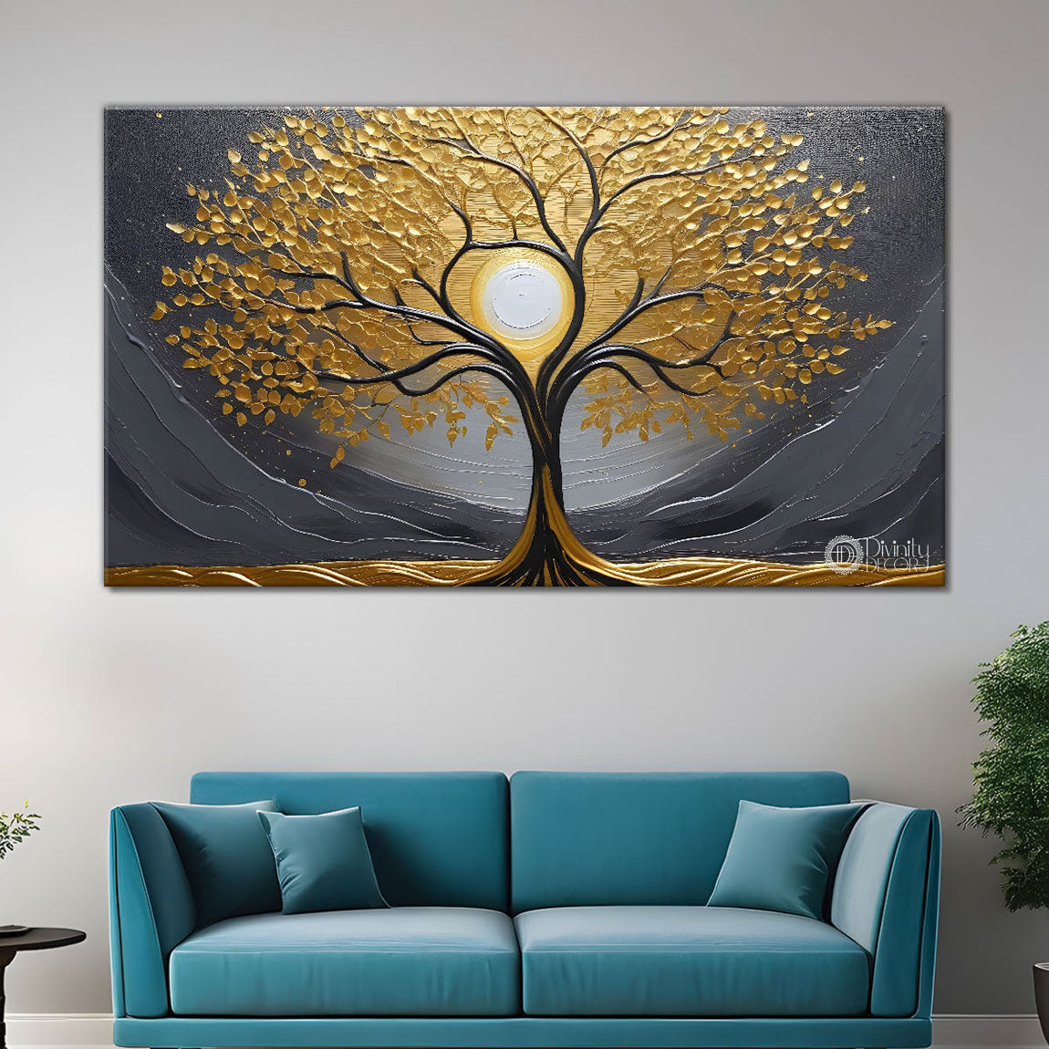 Golden leaf tree with sun in behind textured modern art Canvas Painting - Design - Tree-12