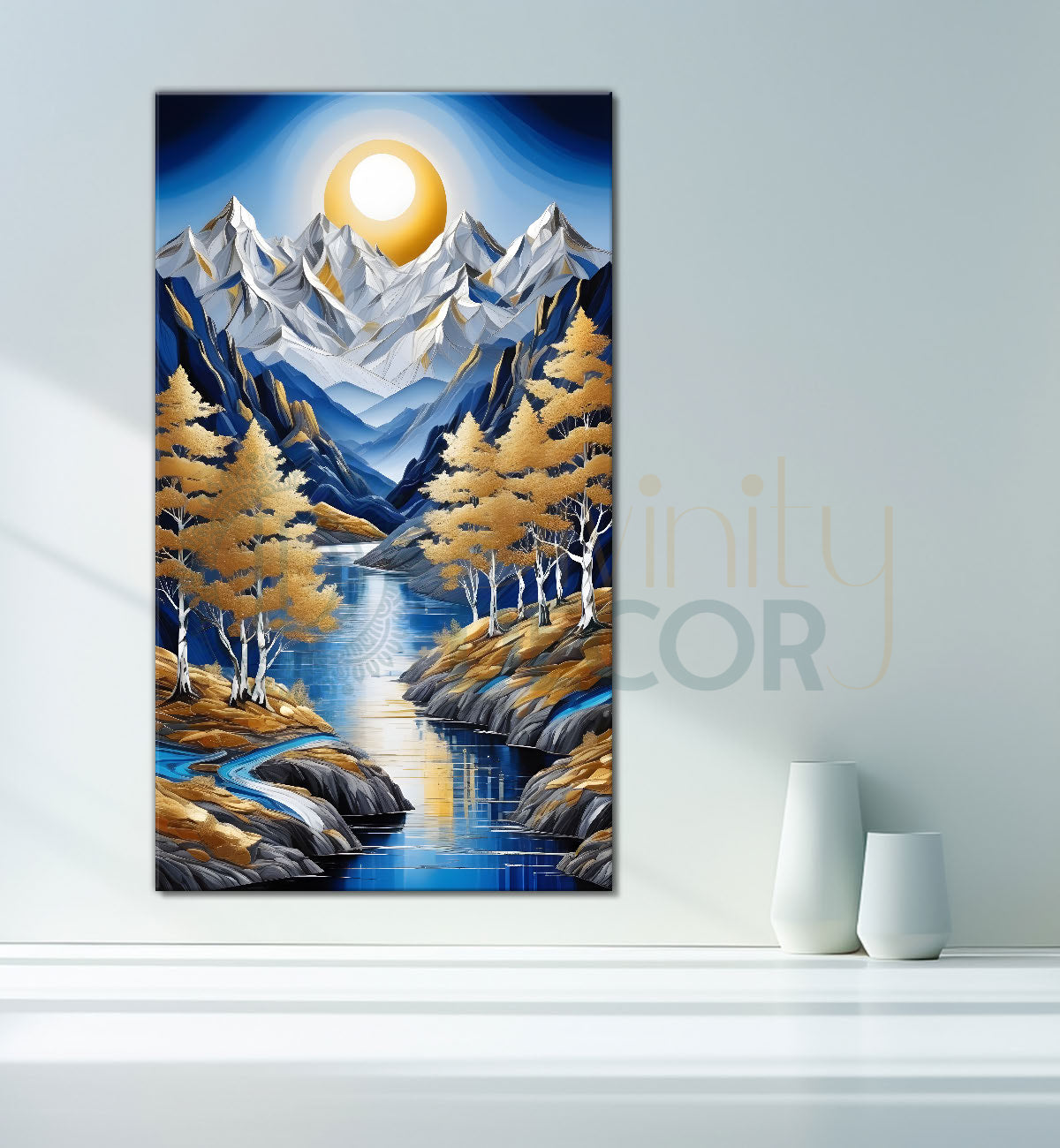Blue mountains with golden trees and white moon textured natural art Canvas Painting - Nature Art -V-12