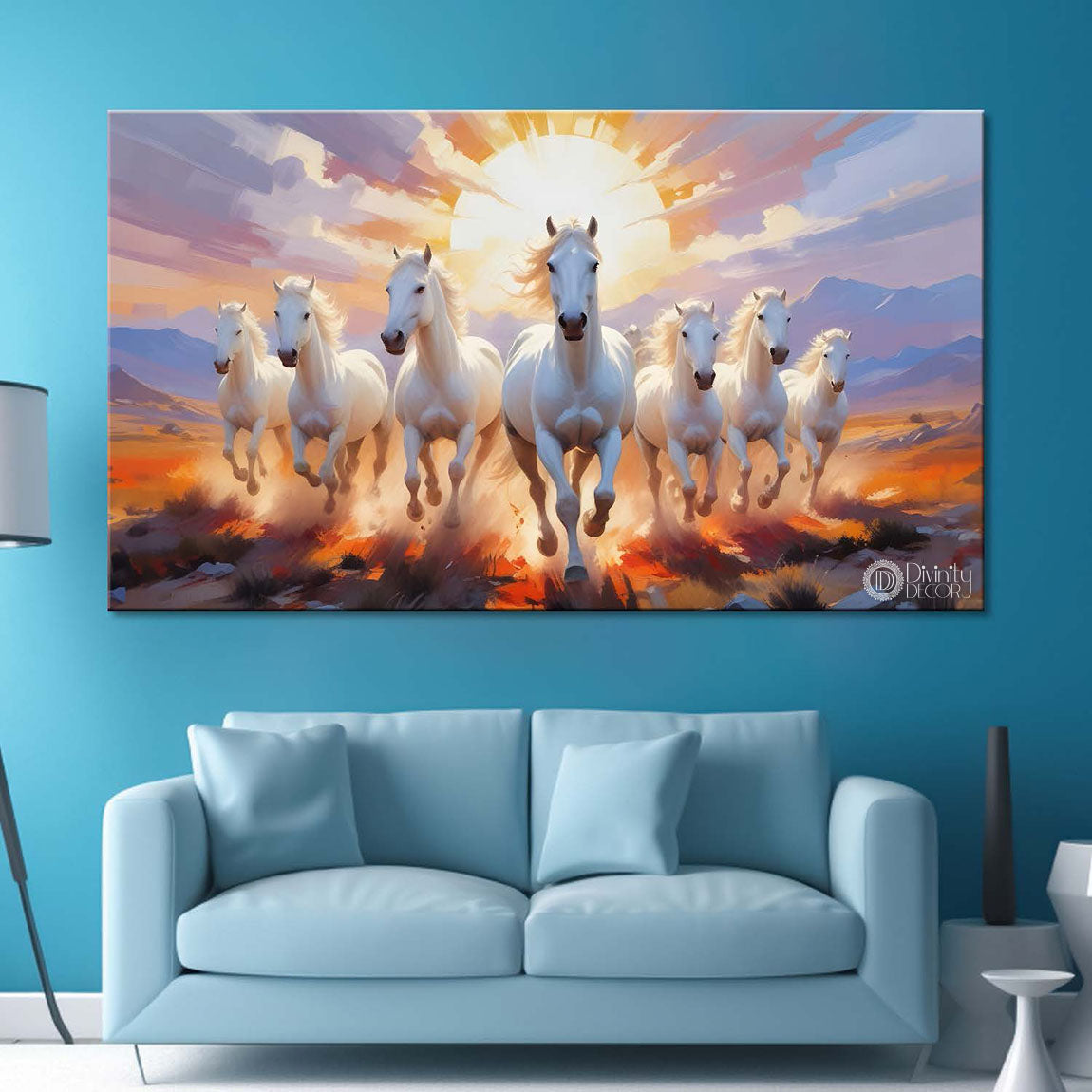 White running horses with mountains and sunrise textured background art Canvas Painting - Design - Horse-13