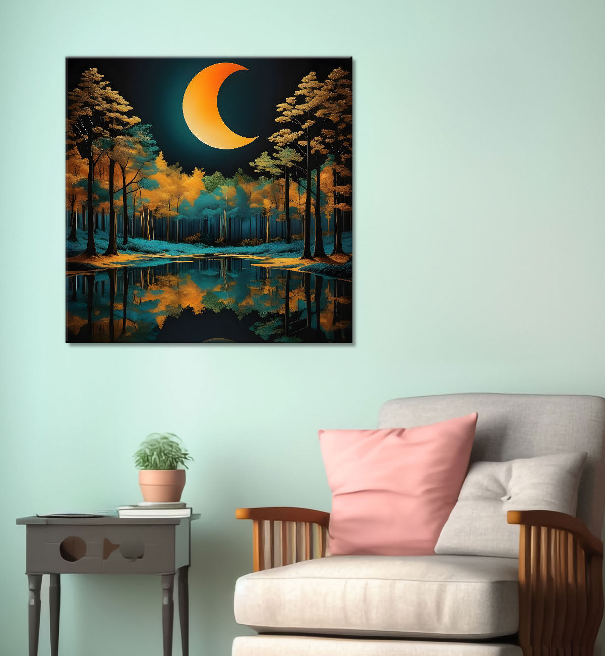 Orange trees with half moon in dark green background painting 24X24 - Nature Art -S-13