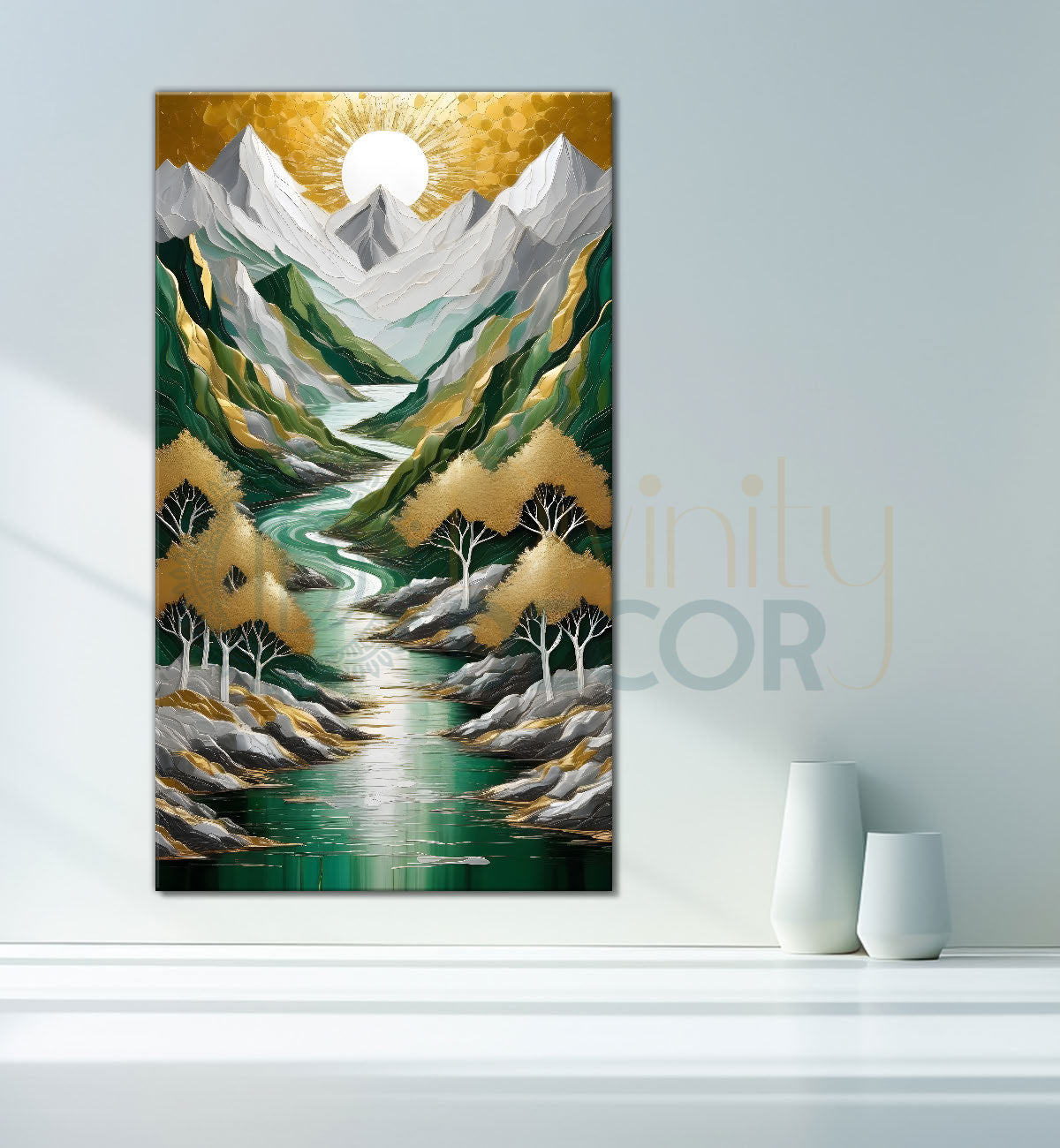 Green mountains with golden treesand white moon textured natural art  Canvas Painting - Nature Art -V-13