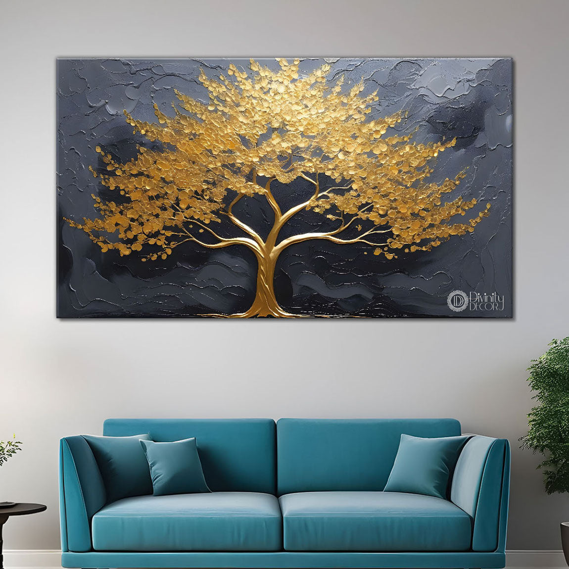 Golden tree in dark background textured modern art Canvas Painting - Design - Tree-13